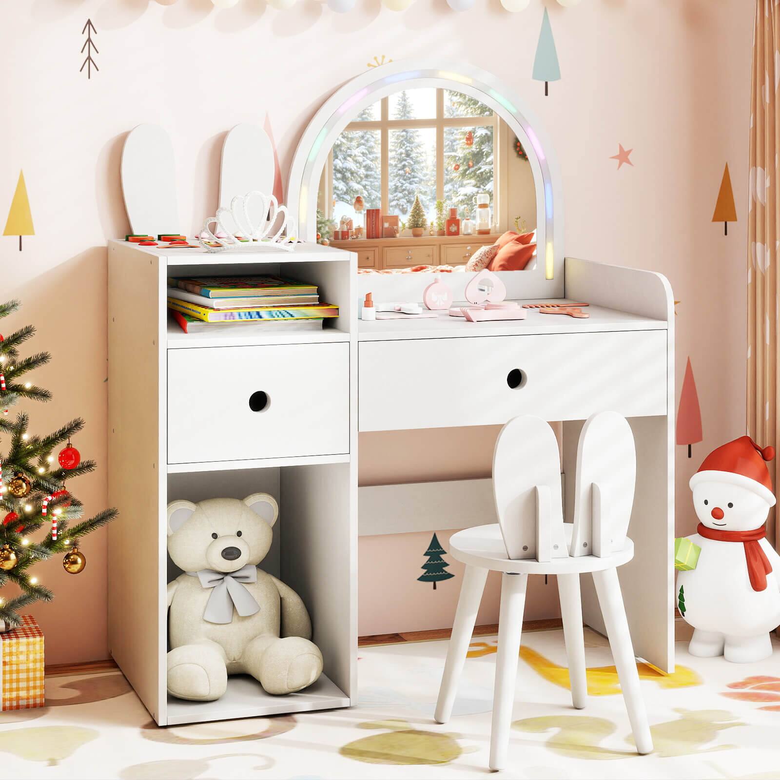 Alt View 3. Costway - Costway Princess Bunny Makeup Table with Lighted Mirror, Open Shelves and Storage Drawers - White.