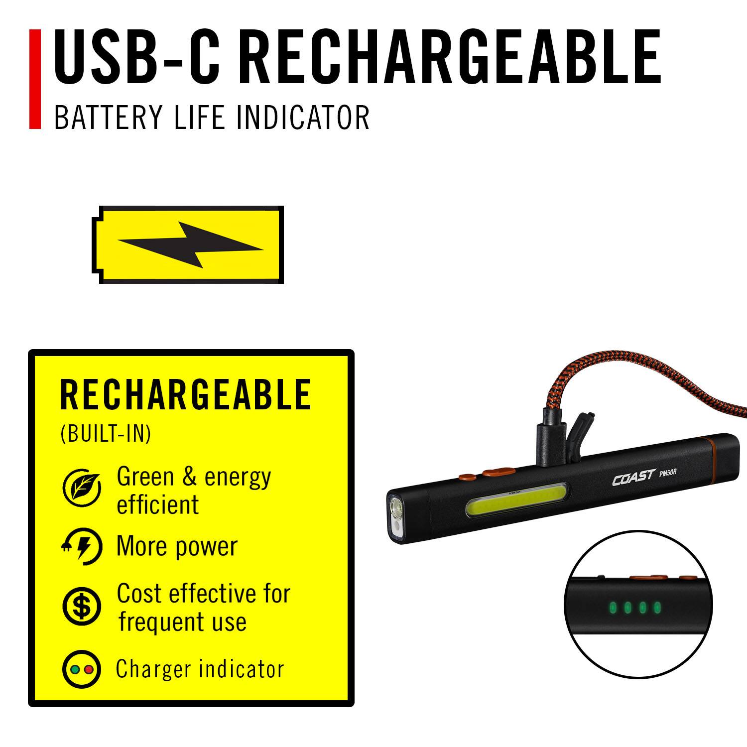 USB-C RECHARGEABLE  
BATTERY LIFE INDICATOR  

RECHARGEABLE (BUILT-IN)  
- Green & energy efficient  
- More power  
- Cost effective for frequent use  
- Charger indicator