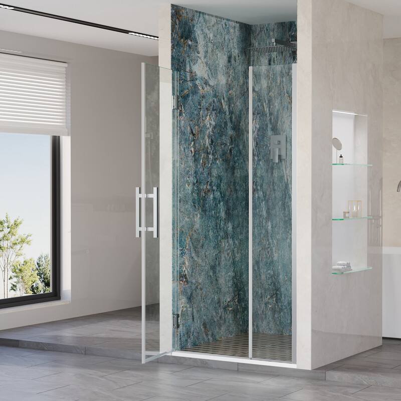 Left. WELLFOR - 34–35 in. W x 72 in. H Frameless Hinged Shower Door with 3/8" Clear Tempered Glass, Reversible Opening - Chrome.