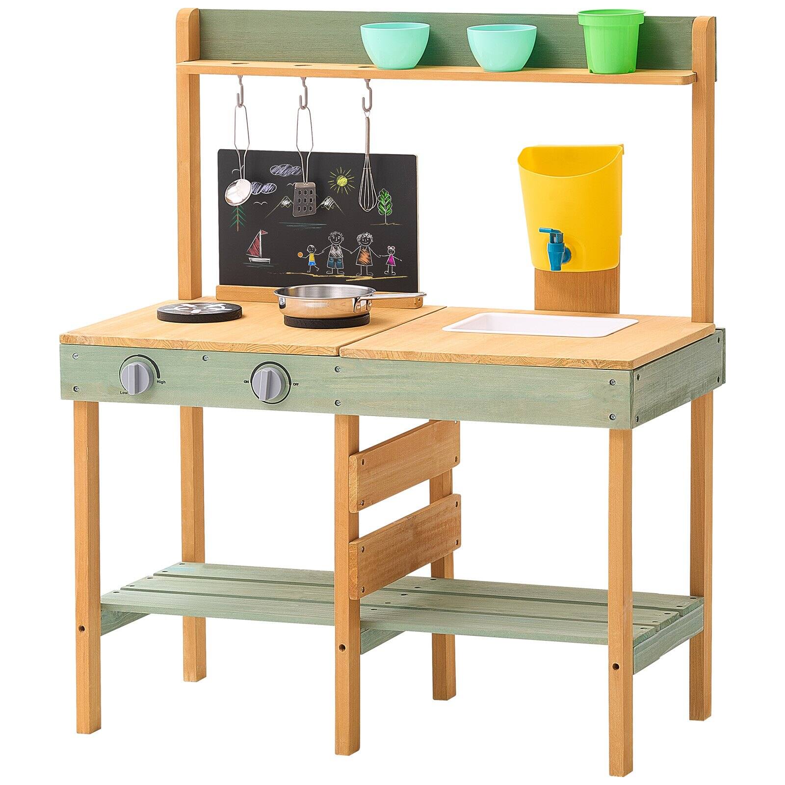 Alt View 9. Glintex - Outdoor Wooden Mud Kitchen for Kids, Pretend Kitchen Playset with Planter Box, Stove, Faucet, Blackboard & Cookware.