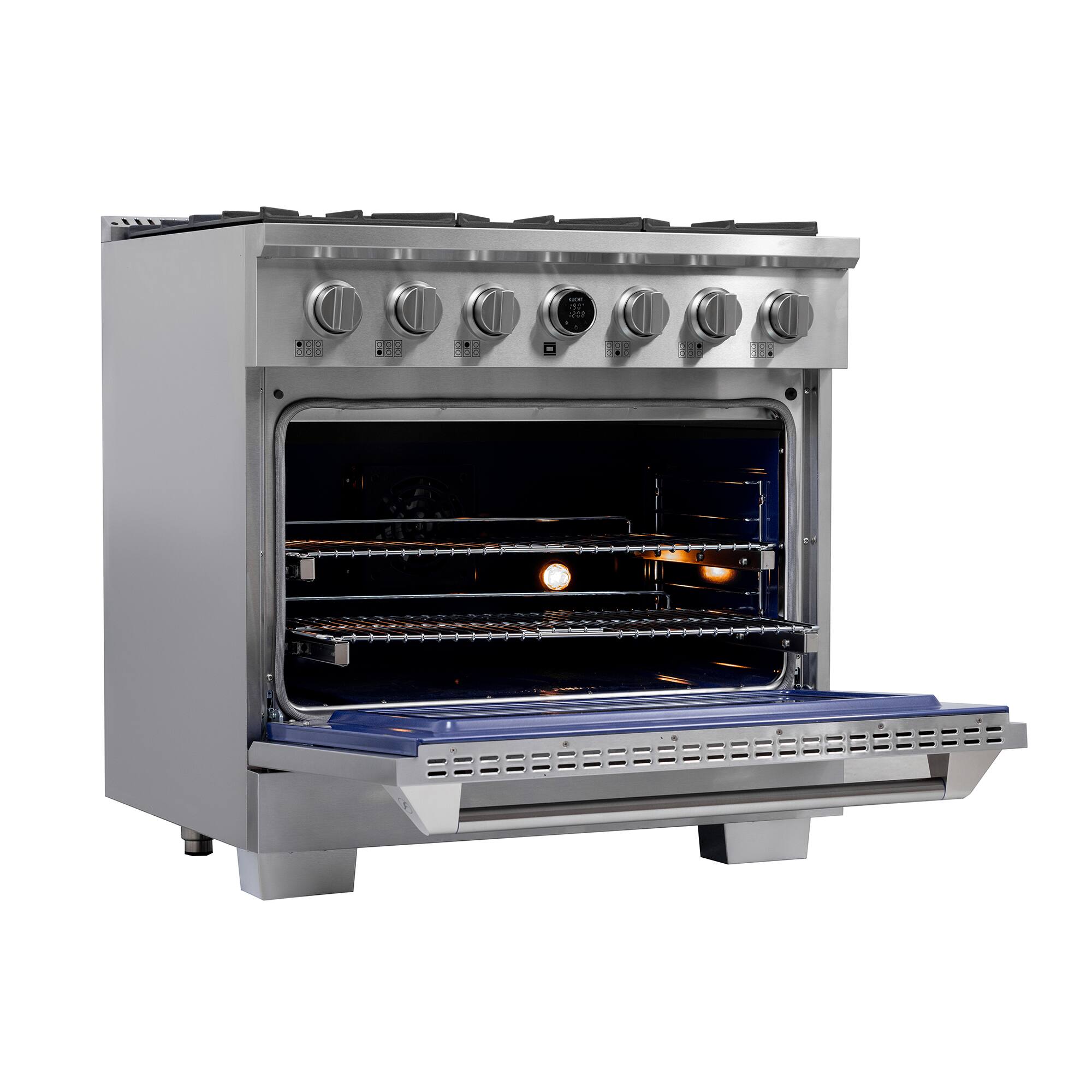Back. Kucht - 36 in. 5.2 cu. ft. 6 Burners Dual Fuel Range for Natural Gas in Stainless Steel + Wall Mount Range Hood - Stainless Steel.