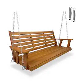 Fortune Candy - Wooden Porch Swing with Chains & Springs, 880 LBS Heavy Duty Bench for Patio & Porch (Extra Large, 3-Seater) - Brown