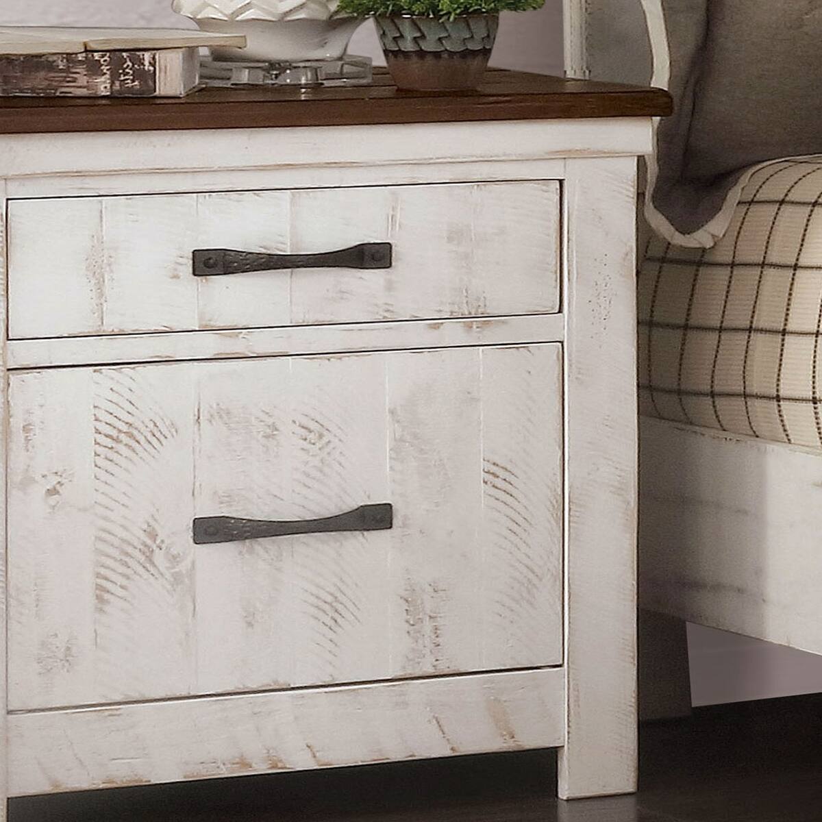 Alt View 3. Loheer - Loheer Solid Wood Nightstand Distressed White Finish with Two Drawers - Brown and Distressed White with Walnut.