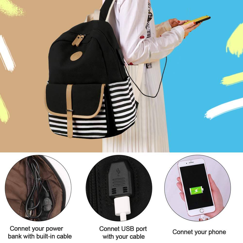 Back. Stamp n Camp - Backpacks For Women Teen  Big Large Capacity Book Bag With Usb Port Cute Canvas Bookpack  durable Black Stripe Backpack - Black 3 Set.