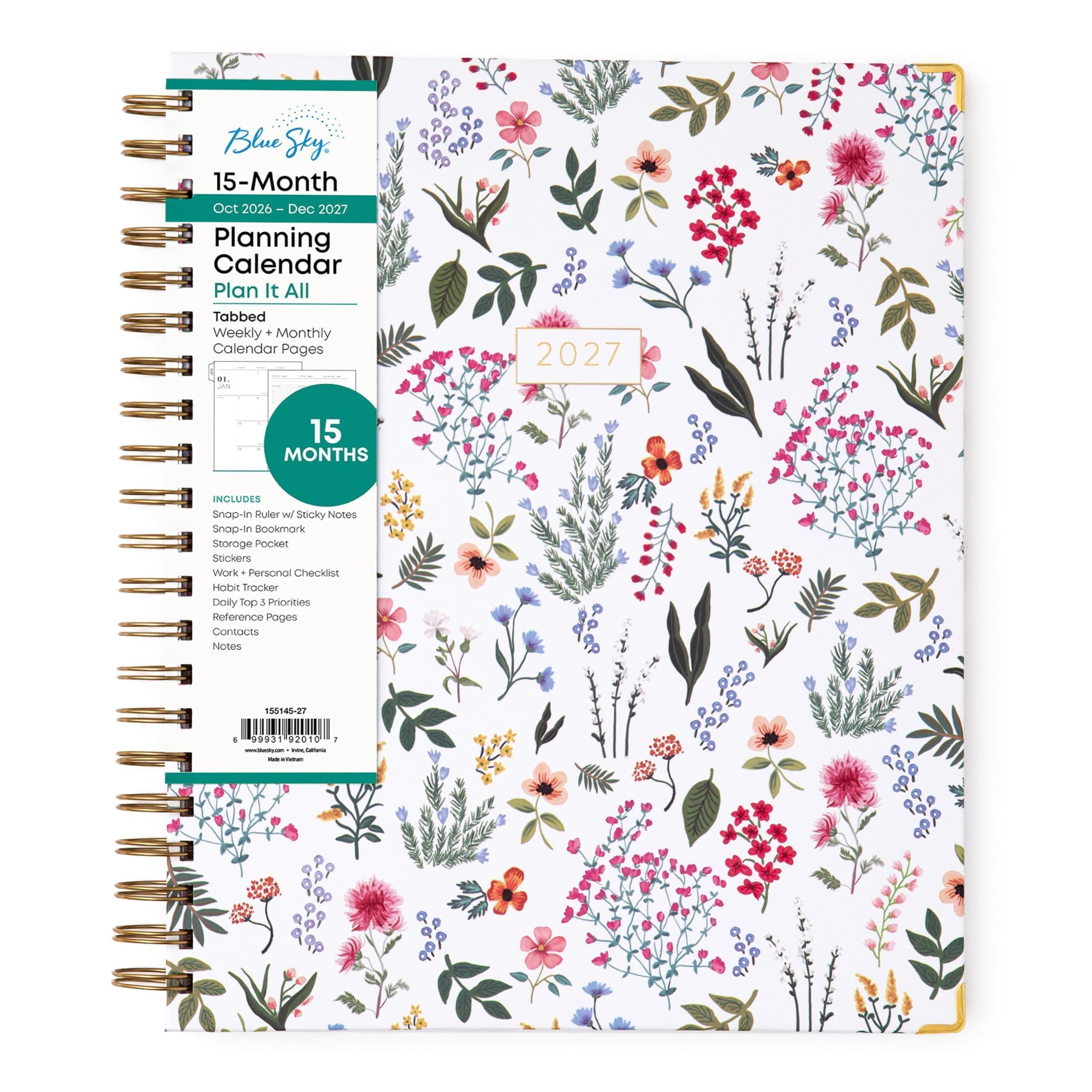 Blue Sky 15-Month Oct 2026 Dec 2027 Planning Calendar Plan It All Tabbed Weekly + Monthly Calendar Pages 01.  
2027  
15 MONTHS  
INCLUDES Snap-In Ruler w/ Sticky Notes Snap-In Bookmark Storage Pocket Stickers Work Personal Checklist Habit Tracker Daily Top 3 Priorities Reference Pages Contacts Notes  
155145-27  
I 99931 92010 1 www.divoky.com HIX, Cattamia - actietion