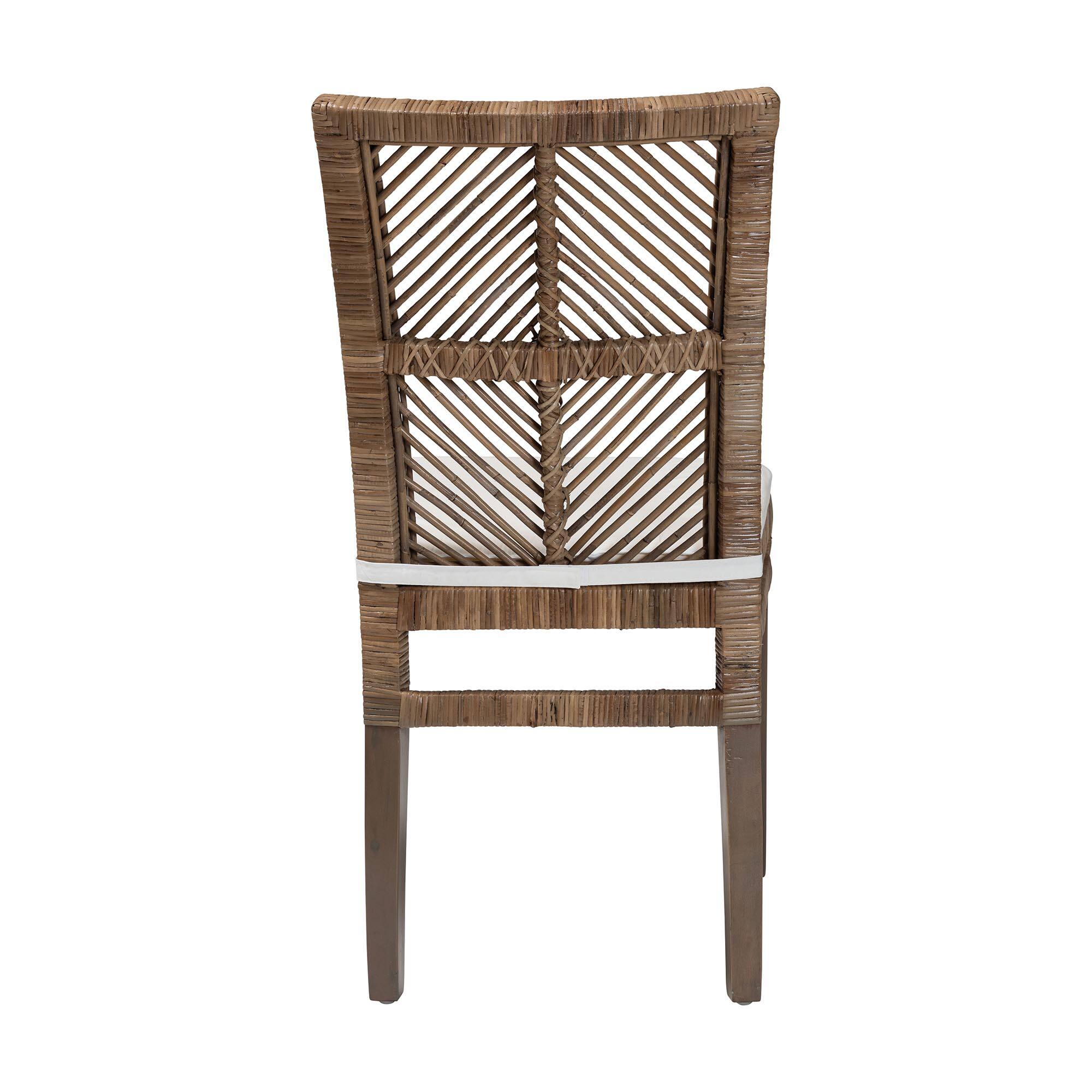 Back. bali & pari - Laluna Modern Bohemian Natural Rattan and Mahogany Dining Chair with Cushion - Greywashed/White.