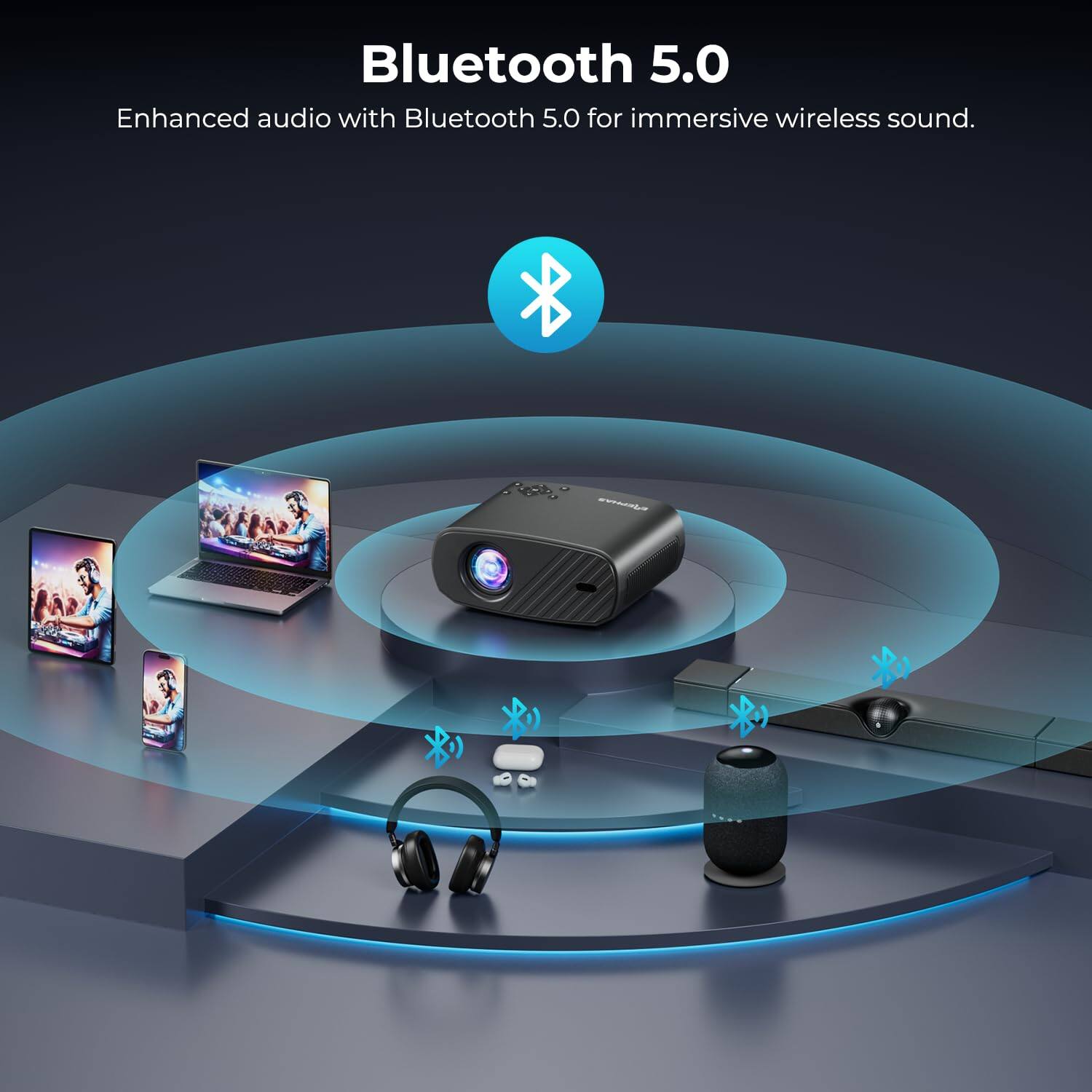 Bluetooth 5.0 Enhanced audio with Bluetooth 5.0 for immersive wireless sound.