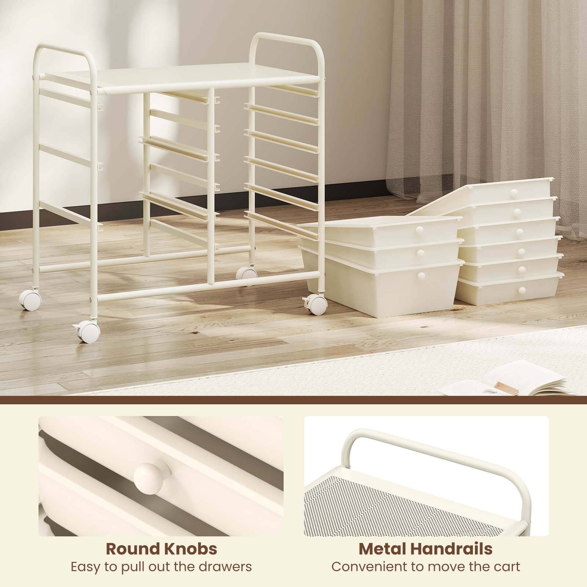 Round Knobs  
Easy to pull out the drawers  

Metal Handrails  
Convenient to move the cart