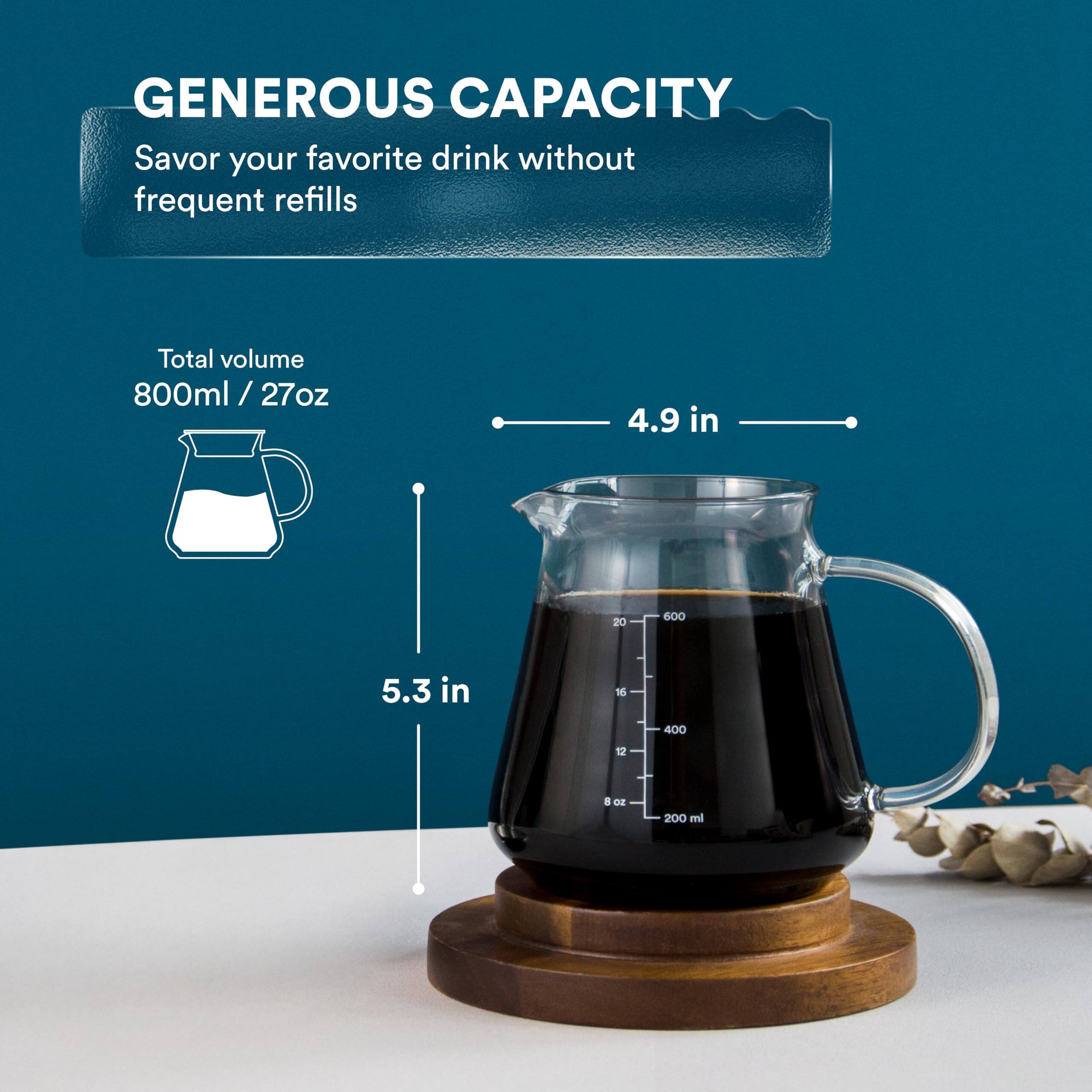 **Generous Capacity**

Savor your favorite drink without frequent refills

- Total volume: 800ml / 27oz
- Height: 5.3 in
- Diameter: 4.9 in

Measurement markings:
- 200 ml / 8 oz
- 400 ml / 16 oz
- 600 ml / 20 oz