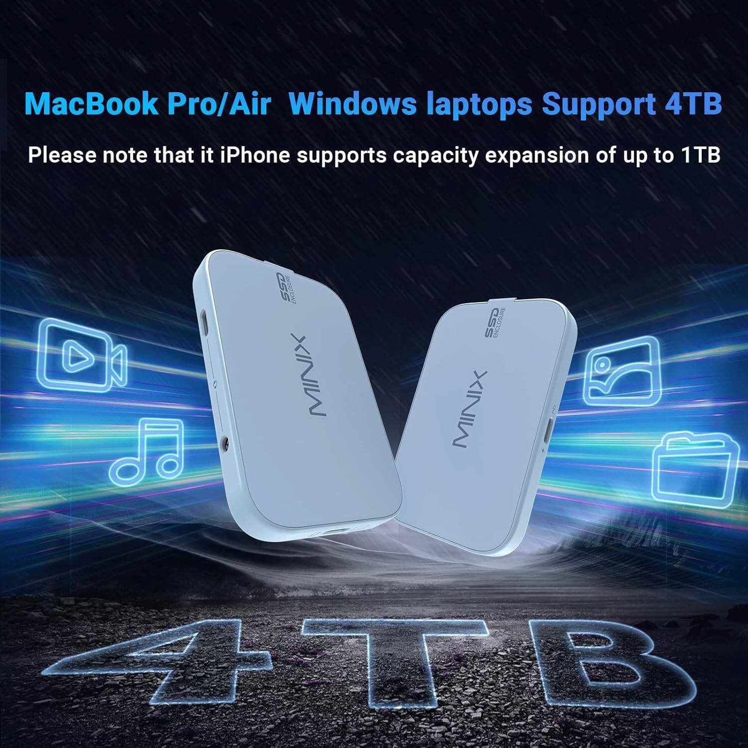 The text on the image is grouped and corrected as follows:

"MacBook Pro/Air Windows laptops Support 4TB. Please note that it iPhone supports capacity expansion of up to 1TB."