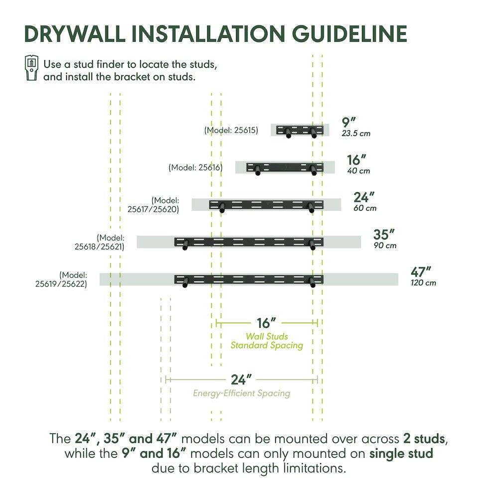 DRYWALL INSTALLATION GUIDELINE

Use a stud finder to locate the studs, and install the bracket on studs.

- (Model: 25615) 9" 23.5 cm
- (Model: 25616) 16" 40 cm
- (Model: 25617/25620) 24" 60 cm
- (Model: 25618/25621) 35" 90 cm
- (Model: 25619/25622) 47" 120 cm

16" Wall Studs Standard Spacing
24" Energy-Efficient Spacing

The 24", 35" and 47" models can be mounted over across 2 studs, while the 9" and 16" models can only mounted on single stud due to bracket length limitations.
