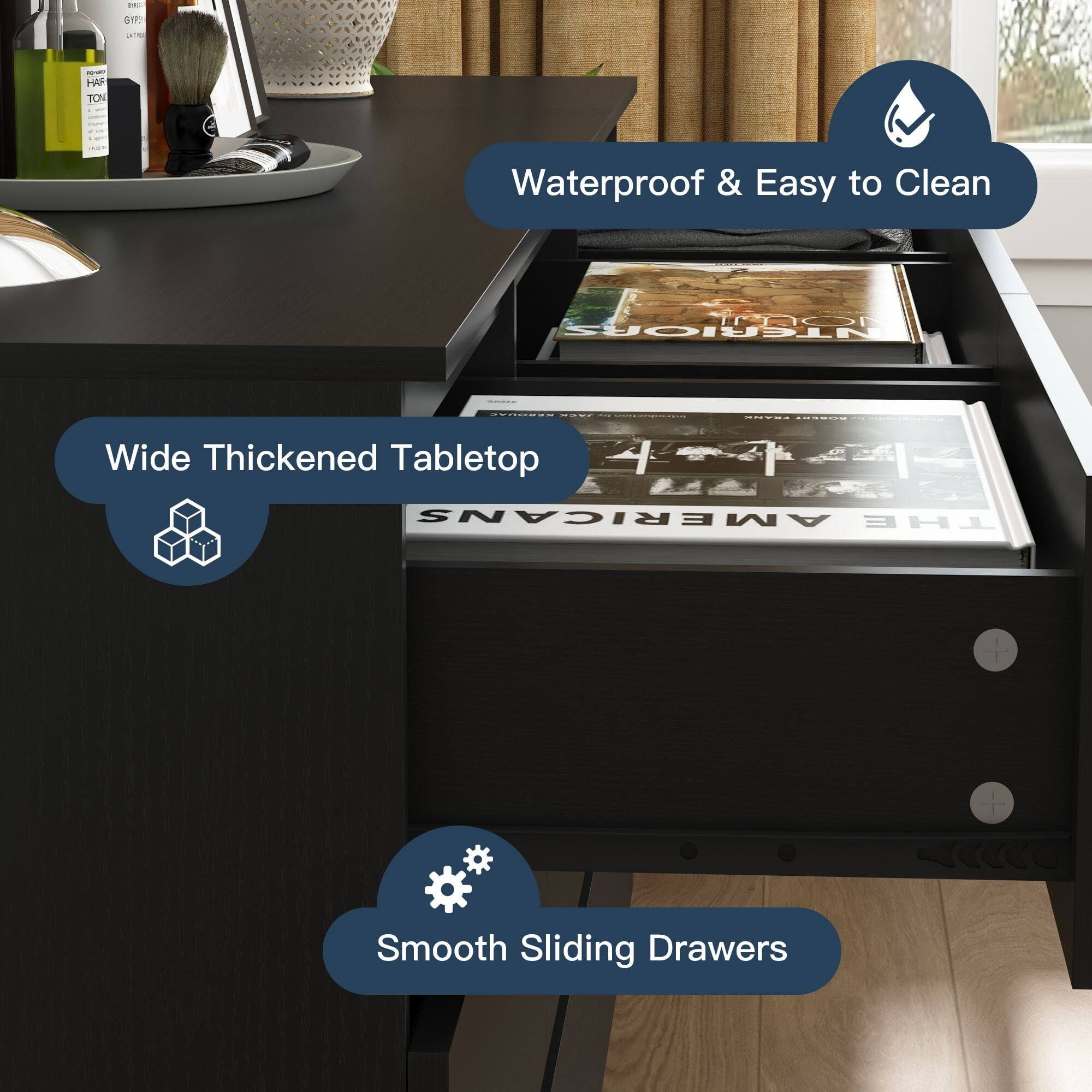 - Waterproof & Easy to Clean
- Wide Thickened Tabletop
- Smooth Sliding Drawers