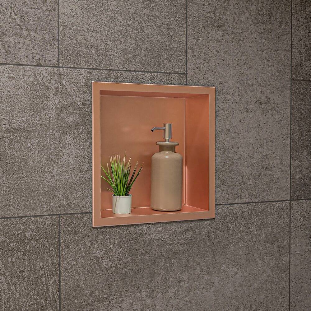 Angle. Alfi - 12" x 12" Brushed Copper PVD Stainless Steel Square Single Shelf Shower Niche - Brown.