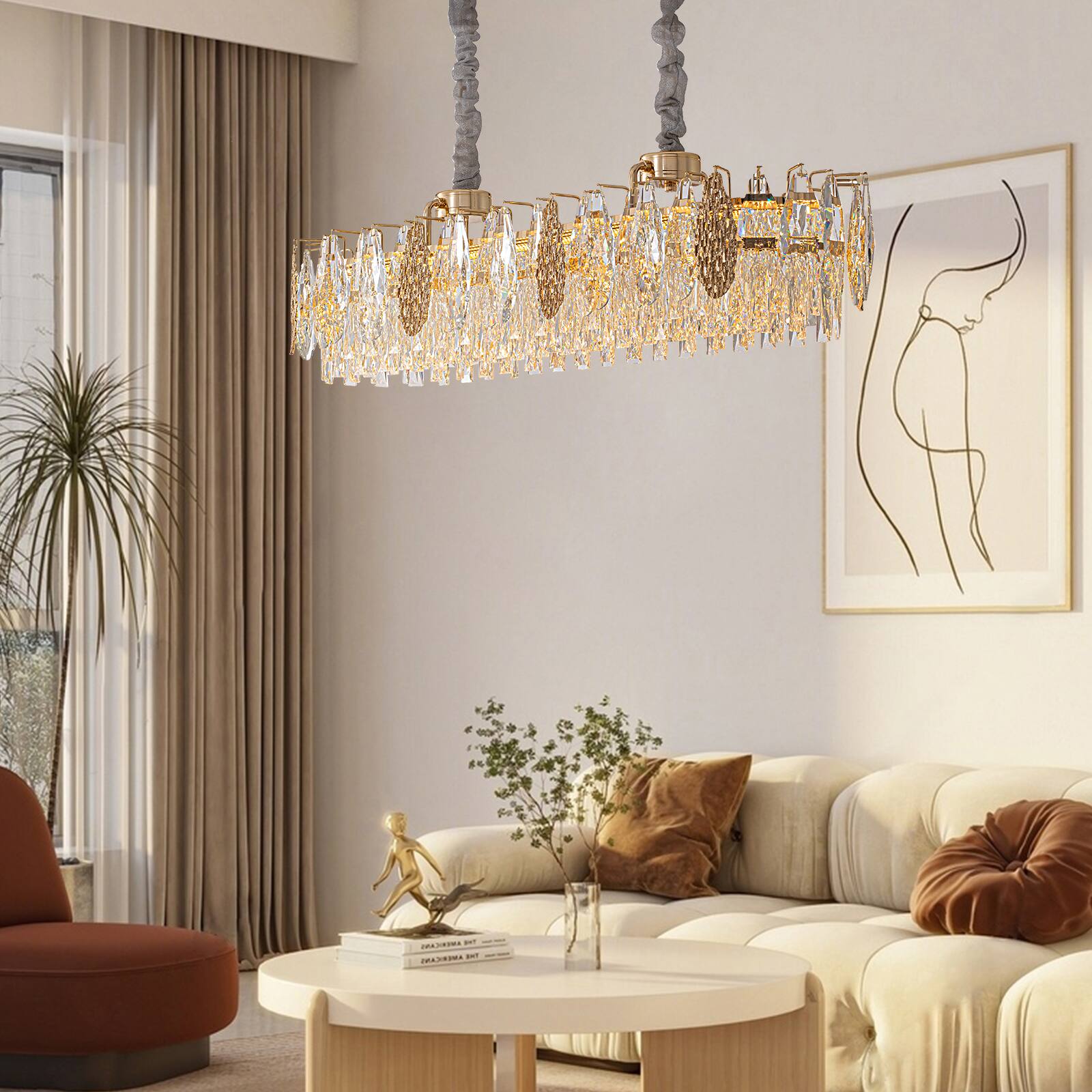 Back. Siljoy - 40" Modern Gold Linear K9 Crystal Chandelier, Height Adjustable LED Pendant Light for Kitchen Island Dining Living Foyer - Gold.