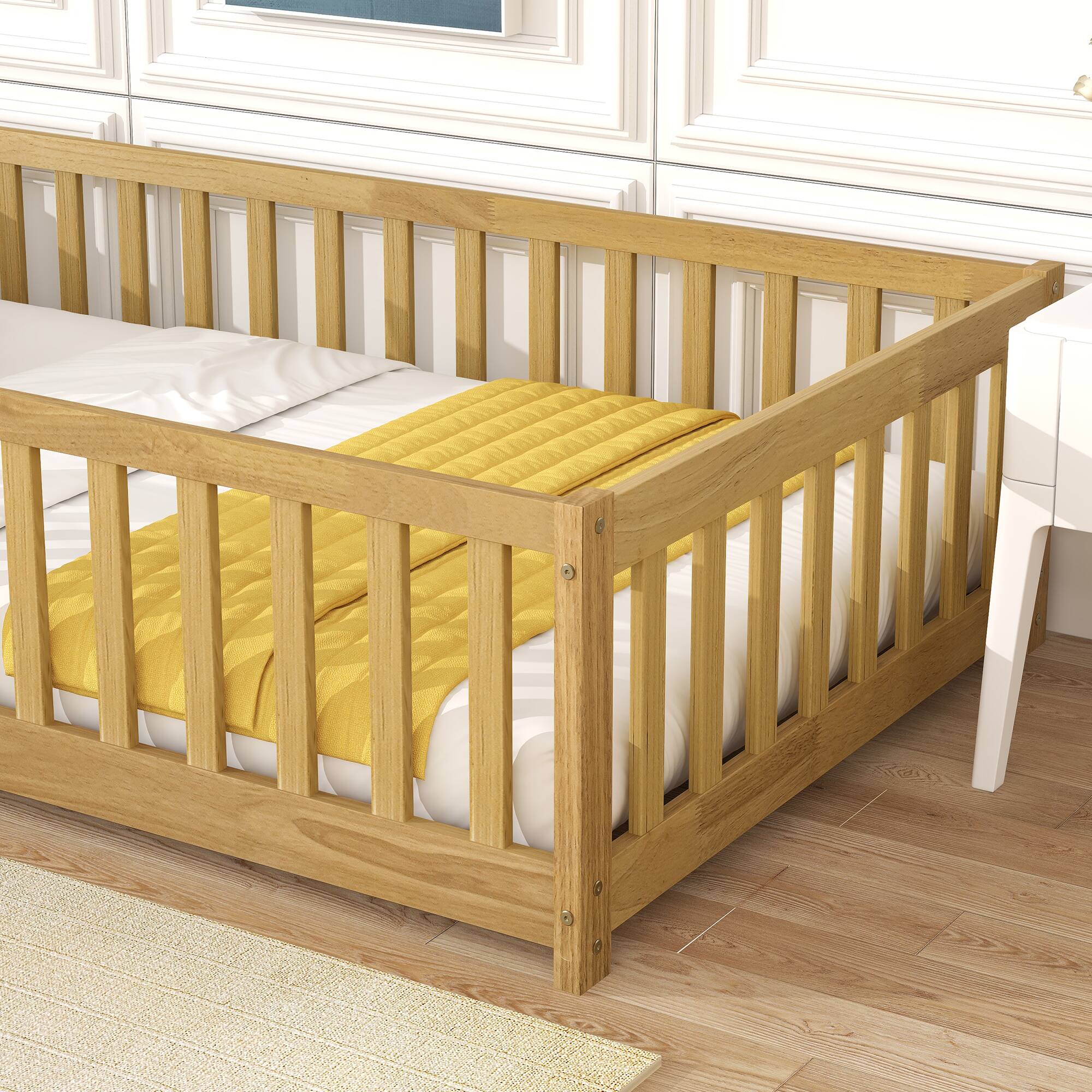 Alt View 1. Tiramisubest - Twin Size Floor Bed with Fence and Door,Rubber Wood Floor Bed with Safety Guardrails,Natural - Natural.