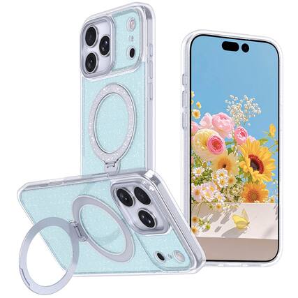 Front. Dteck - Glitter Magnetic Case for Apple iPhone 17 Pro with 360 Rotation Ring Stand, Shockproof Slim Protective Hybrid Cover - Blue.