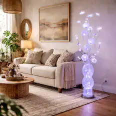 Front. FC Design - 63"H Purple LED Floral Bouquet with Silver Cylindrical Base Floor Lamp.