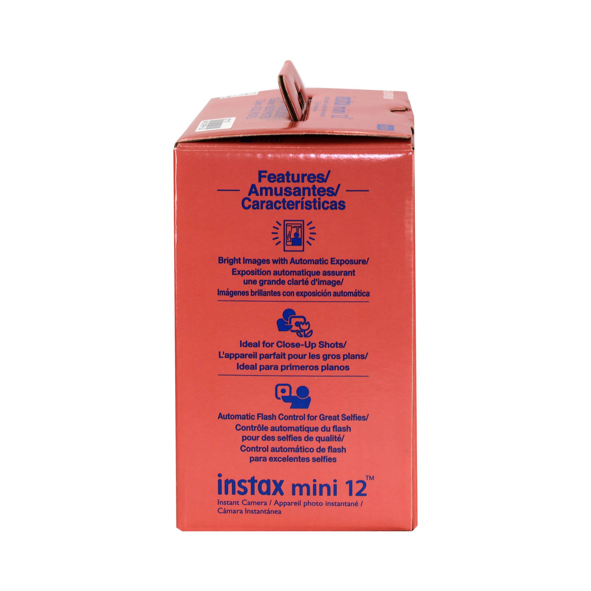 Features/ Amusantes/ Características

- Bright Images with Automatic Exposure/ Exposition automatique assurant une grande clarté d'image/ Imágenes brillantes con exposición automática
- Ideal for Close-Up Shots/ L'appareil parfait pour les gros plans/ Ideal para primeros planos
- Automatic Flash Control for Great Selfies/ Contrôle automatique du flash pour des selfies de qualité/ Control automático de flash para excelentes selfies

instax mini 12™
Instant Camera / Appareil photo instantané / Cámara instantánea