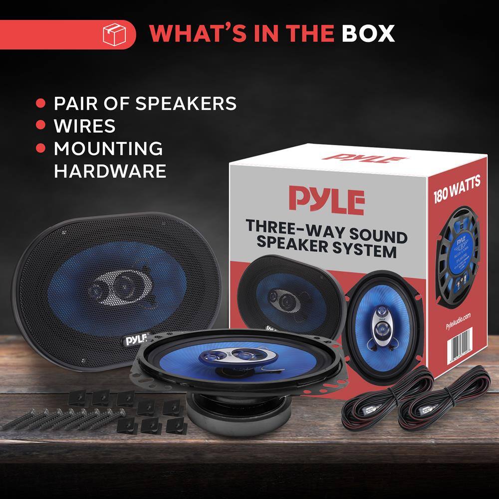 WHAT'S IN THE BOX

- PAIR OF SPEAKERS
- WIRES
- MOUNTING HARDWARE

PYLE  
THREE-WAY SOUND SPEAKER SYSTEM  
180 WATTS  
PYLEAUDIO.COM