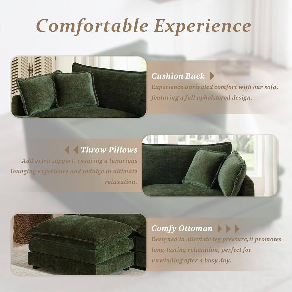 Comfortable Experience

Cushion Back
Experience unrivaled comfort with our sofa, featuring a full upholstered design.

Throw Pillows
Add extra support, ensuring a luxurious lounging experience and indulge in ultimate relaxation.

Comfy Ottoman
Designed to alleviate leg pressure, it promotes long-lasting relaxation, perfect for unwinding after a busy day.