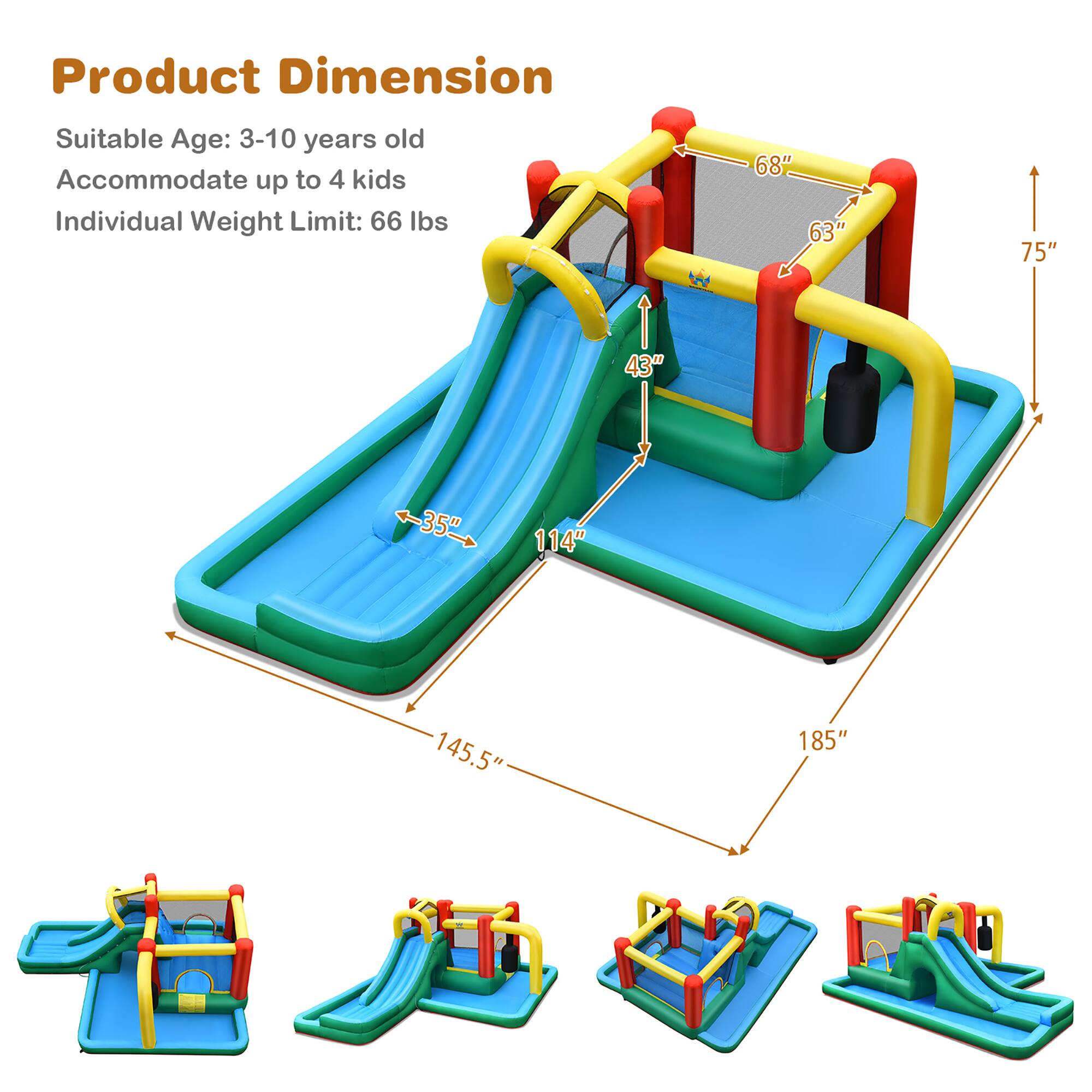 Product Dimension: Suitable for 3-10 years old, accommodates up to 4 kids, and has an individual weight limit of 66 lbs. The dimensions are 68" x 63" x 75" x 43" x 35" x 35" x 114" x 145.5" x 185".
