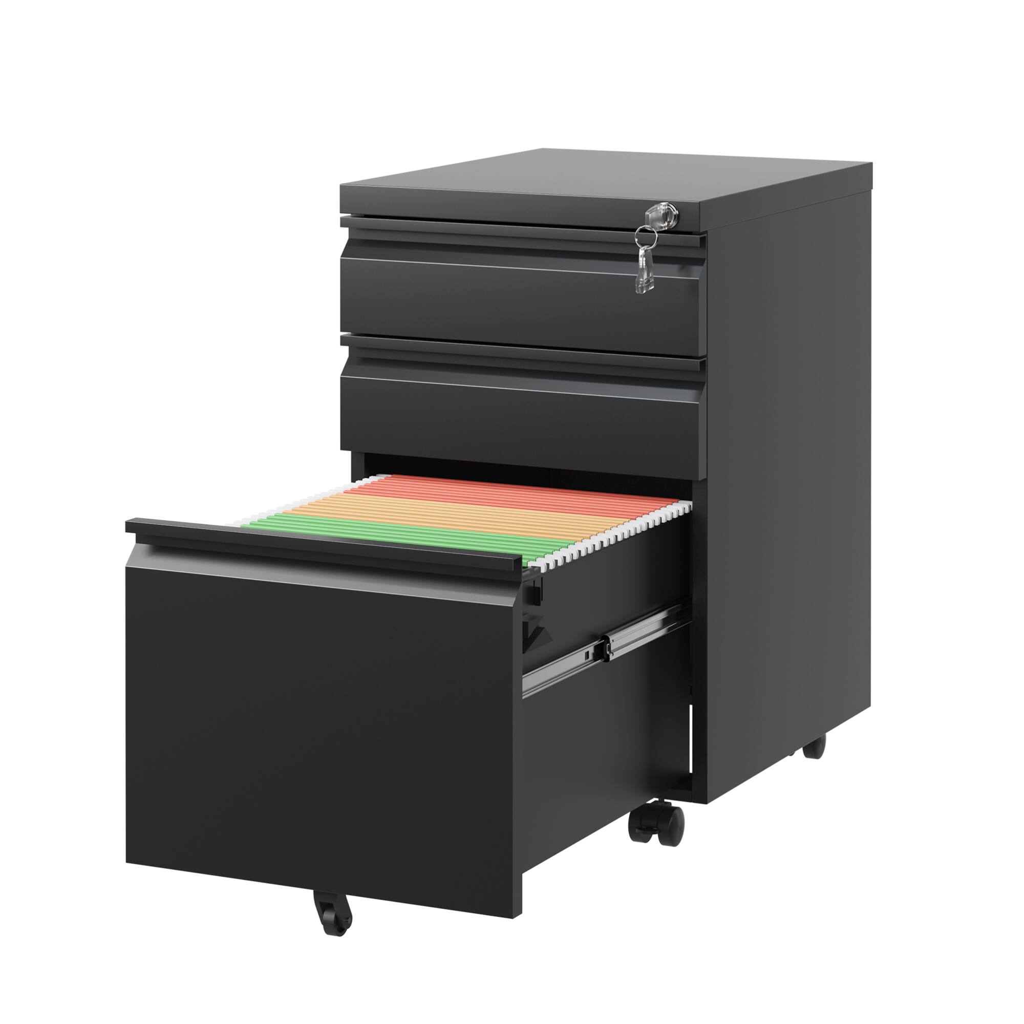 Alt View 7. GOODSILO - Fully Assembled Locking Mobile File Cabinet on Casters - 3 Drawers - Black.