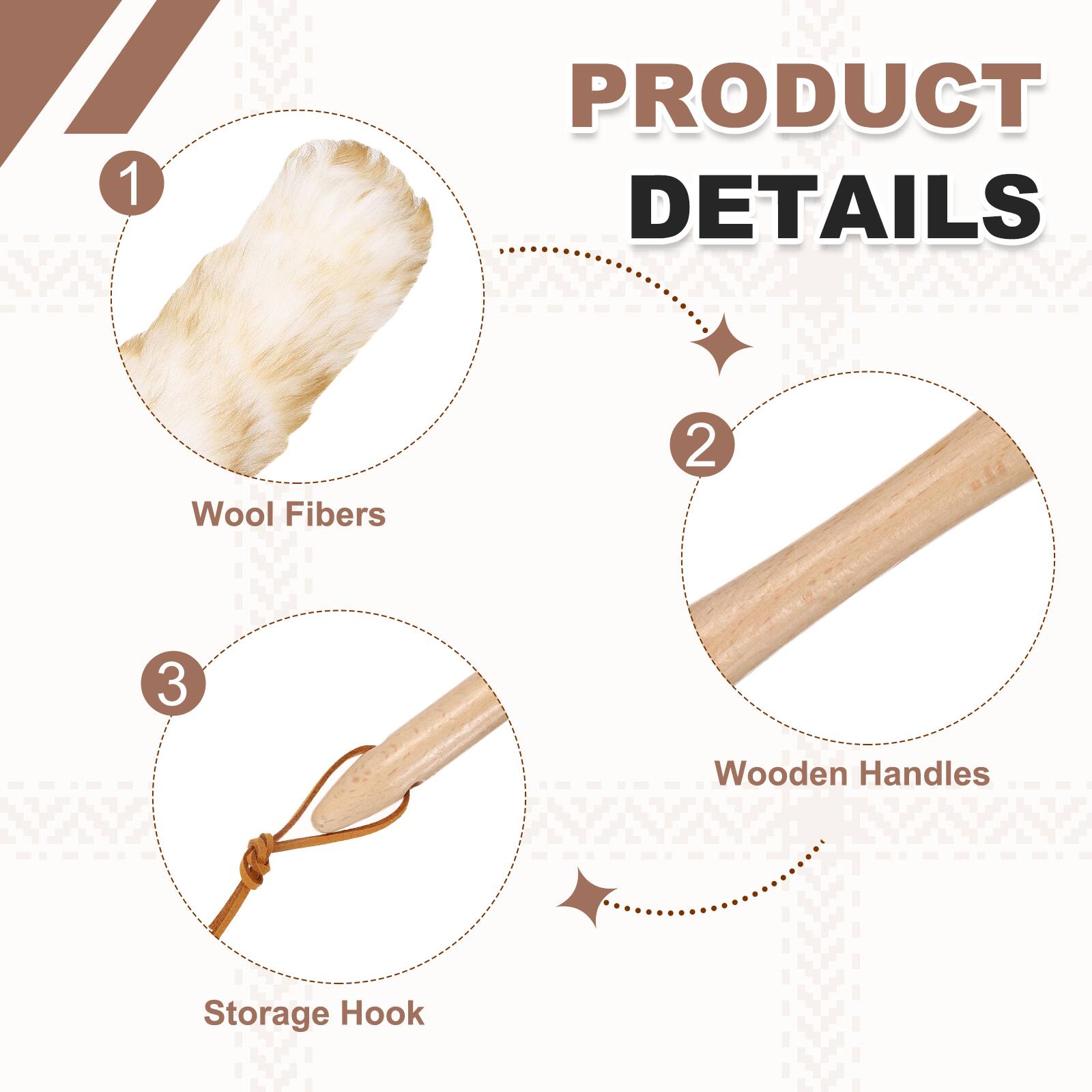 1. PRODUCT DETAILS
2. Wool Fibers
3. Wooden Handles
4. Storage Hook