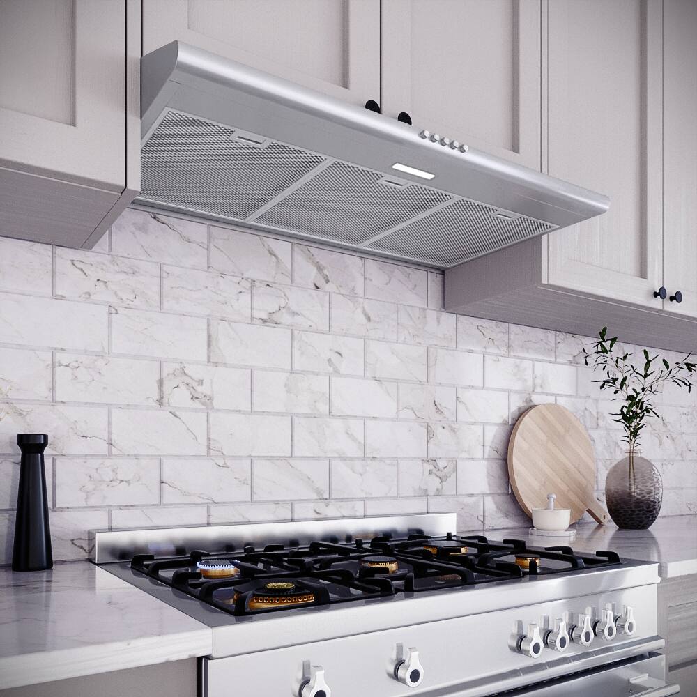 Back. Streamline - 36 in. Consoli Ducted Undermount 80 CFM Range Hood, Mesh Filters, Push Button Control, LED Light - Brushed Stainless Steel.