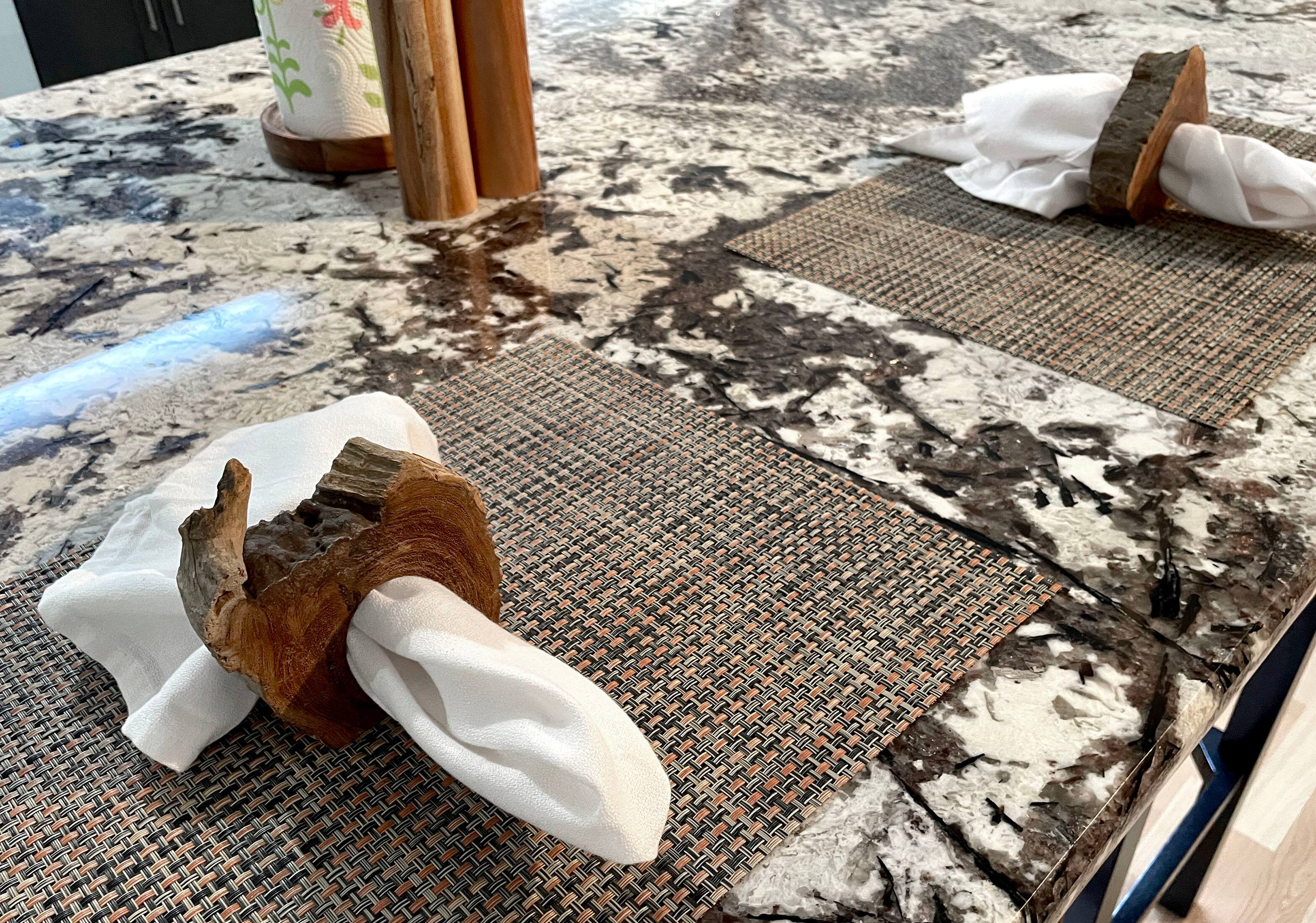 Alt View 3. Zeckos - Set of 8 Hand Crafted Natural Acacia Wood Slice Napkin Rings - Brown.