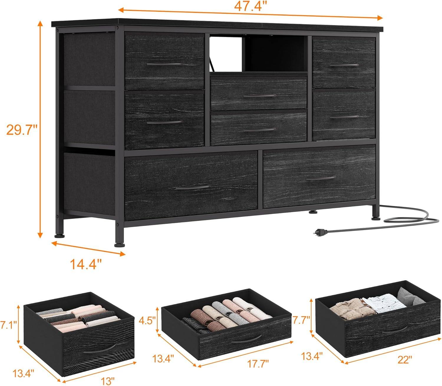 - Width: 47.4"
- Height: 29.7"
- Depth: 14.4"
- Drawer 1: 13.4" x 7.1" x 13"
- Drawer 2: 13.4" x 4.5" x 13"
- Drawer 3: 17.7" x 7.7" x 13.4"
- Drawer 4: 22" x 7.7" x 13.4"