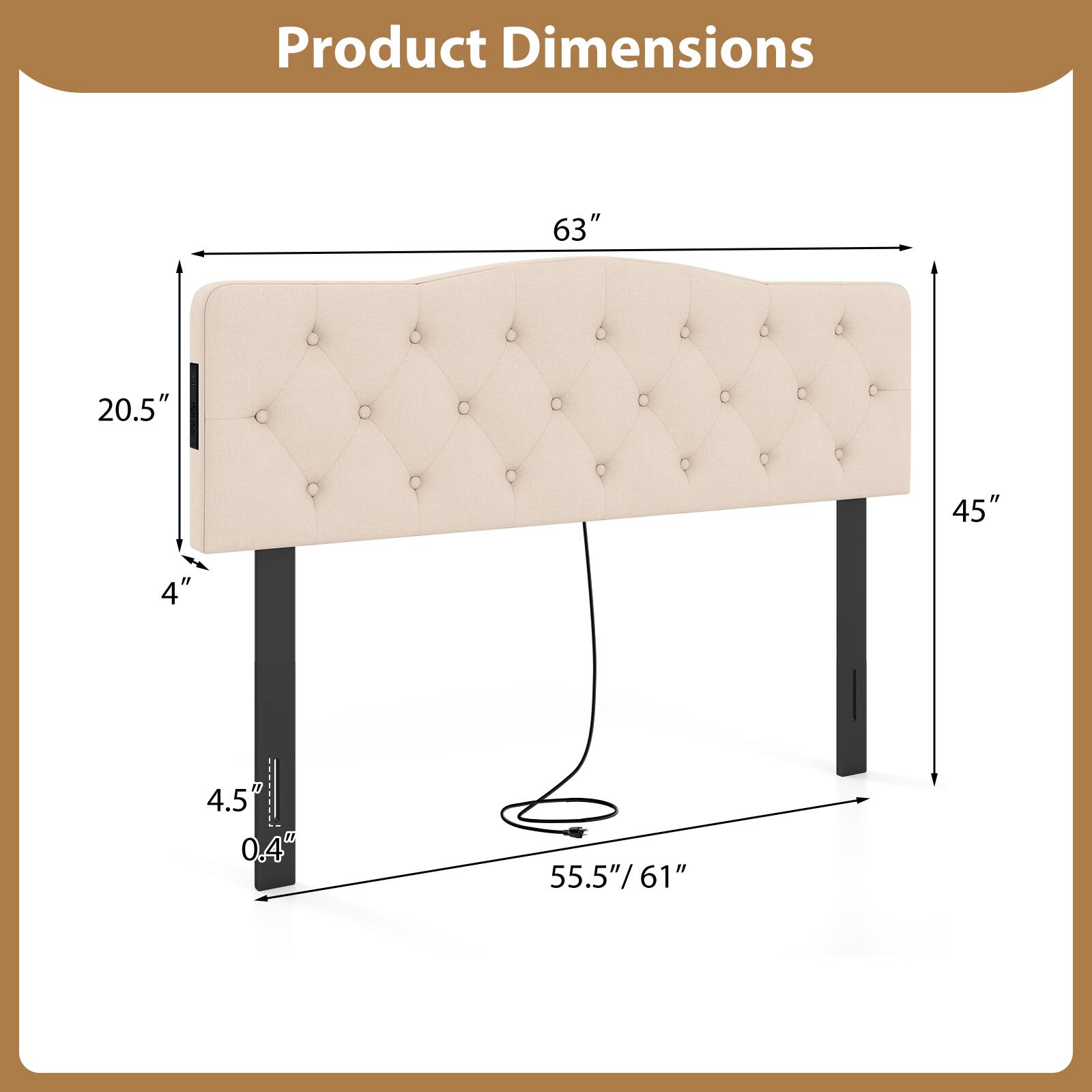 Product Dimensions: 63" x 20.5" x 45" x 4" x 4.5" x 0.4" x 55.5"/61"