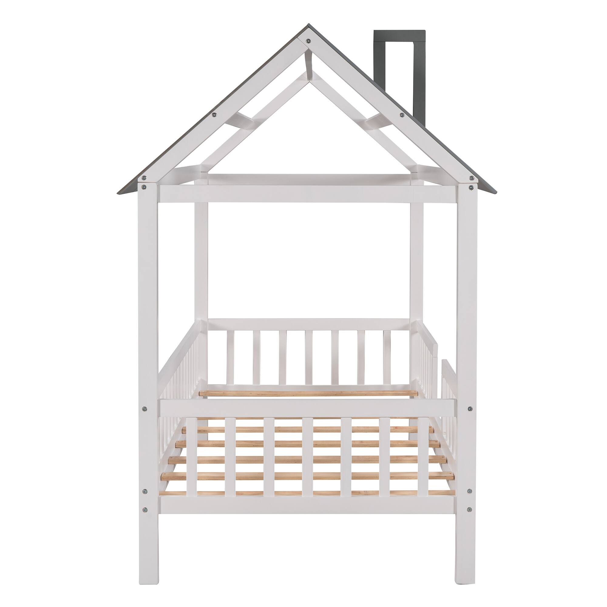 Alt View 2. Aukfa - Twin Size Wood House Bed with Fence - White.