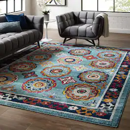 Modway - Entourage Odile Distressed Floral Moroccan Trellis Area Rug - Blue Red Orange Yellow