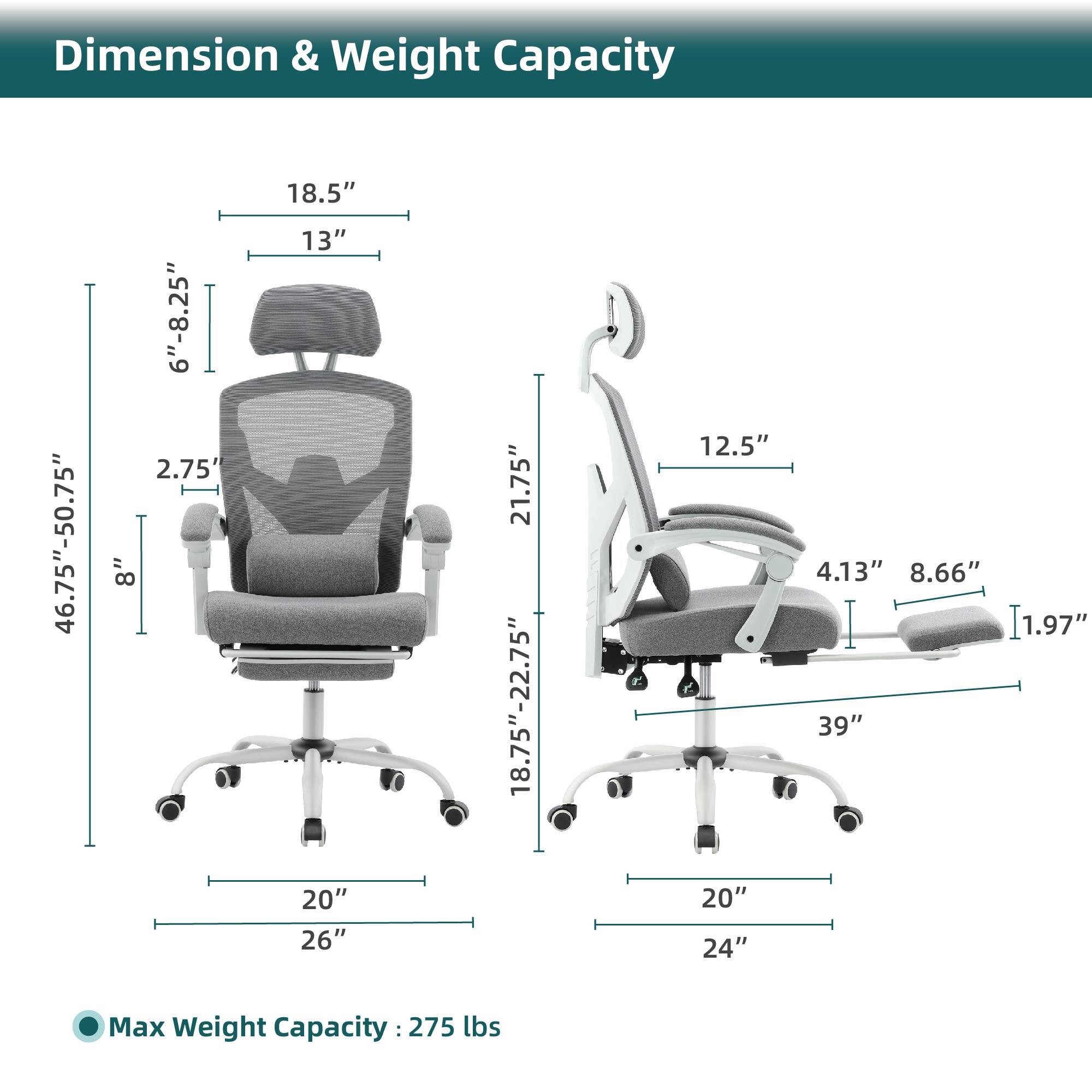 Dimension & Weight Capacity

- Height: 46.75" - 50.75"
- Seat Height: 6" - 8.25"
- Seat Depth: 2.75"
- Back Height: 18.5"
- Back Width: 13"
- Armrest Height: 12.5"
- Armrest Width: 4.13"
- Armrest Depth: 8.66"
- Seat Width: 21.75"
- Seat Depth: 18.75" - 22.75"
- Base Width: 20"
- Base Depth: 26"
- Base Width (other side): 20"
- Base Depth (other side): 24"
- Max Weight Capacity: 275 lbs