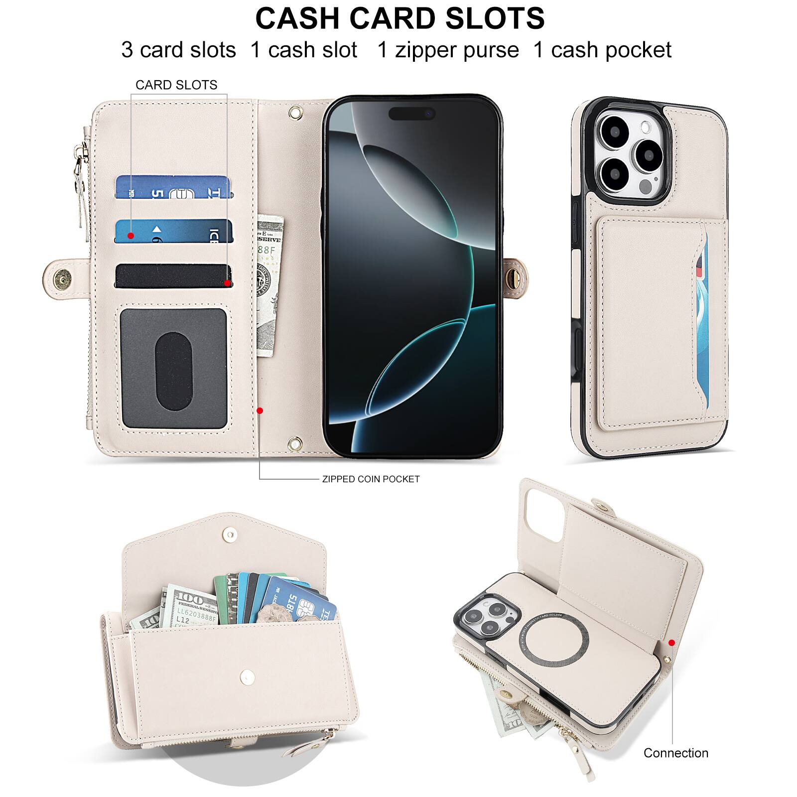 CASH CARD SLOTS  
3 card slots  
1 cash slot  
1 zipper purse  
1 cash pocket  

CARD SLOTS  

ZIPPED COIN POCKET  

Connection