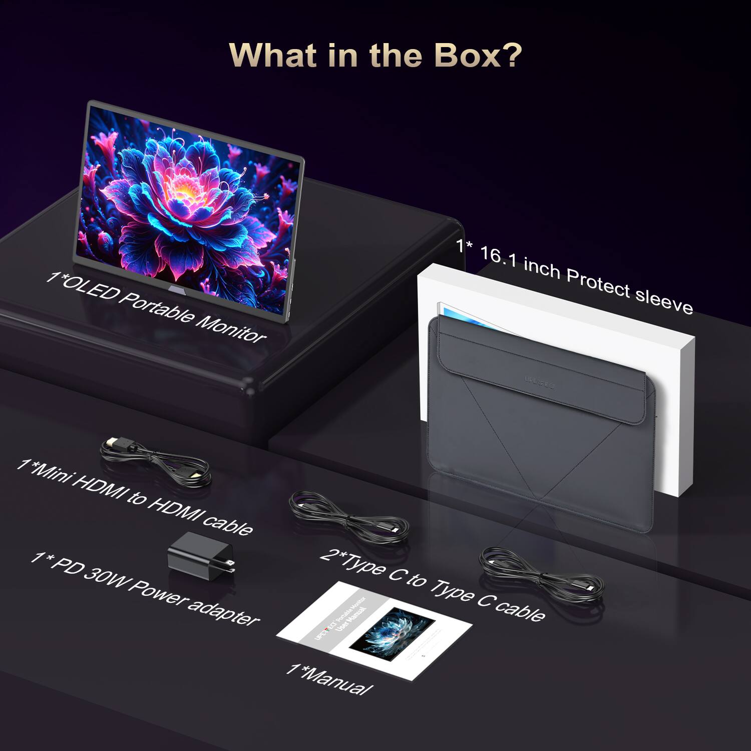 What in the Box?
1*OLED Portable Monitor
1* 16.1 inch Protect sleeve
1*Mini HDMI to HDMI cable
1* PD 30W Type C to Type C cable adapter
1*Manual