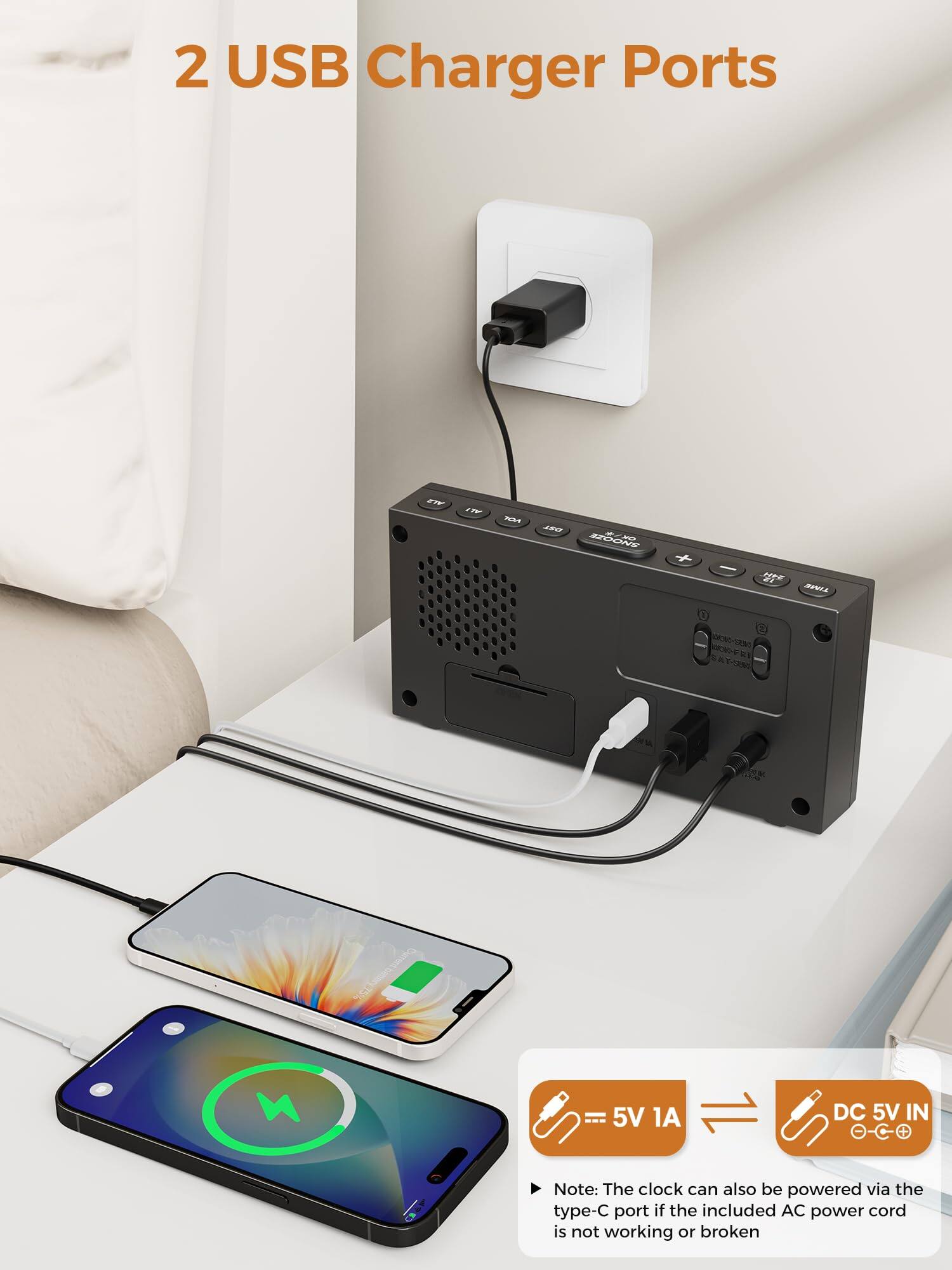 2 USB Charger Ports

Note: The clock can also be powered via the type-C port if the included AC power cord is not working or broken

5V 1A DC 5V IN +