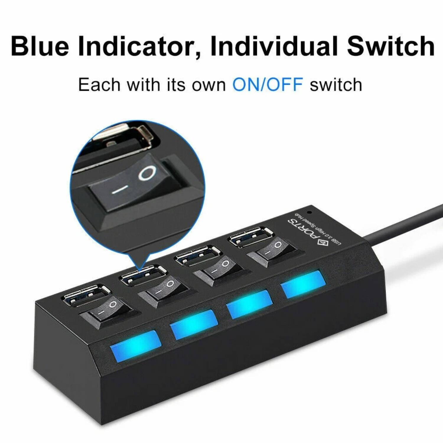 Blue Indicator, Individual Switch Each with its own ON/OFF switch.