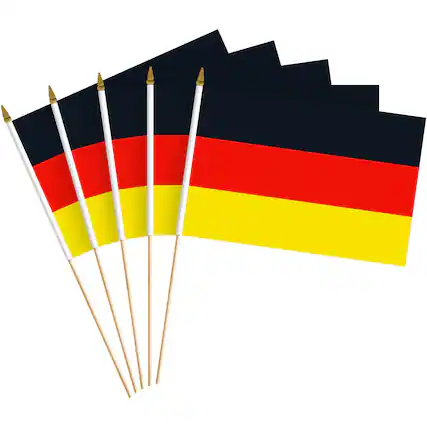 Front. G128 - 50-Pack Handheld Germany Flags, 8 x 12 in, 150D Polyester with Wooden Stick and Gold Spear Tip. - Assorted Colors.