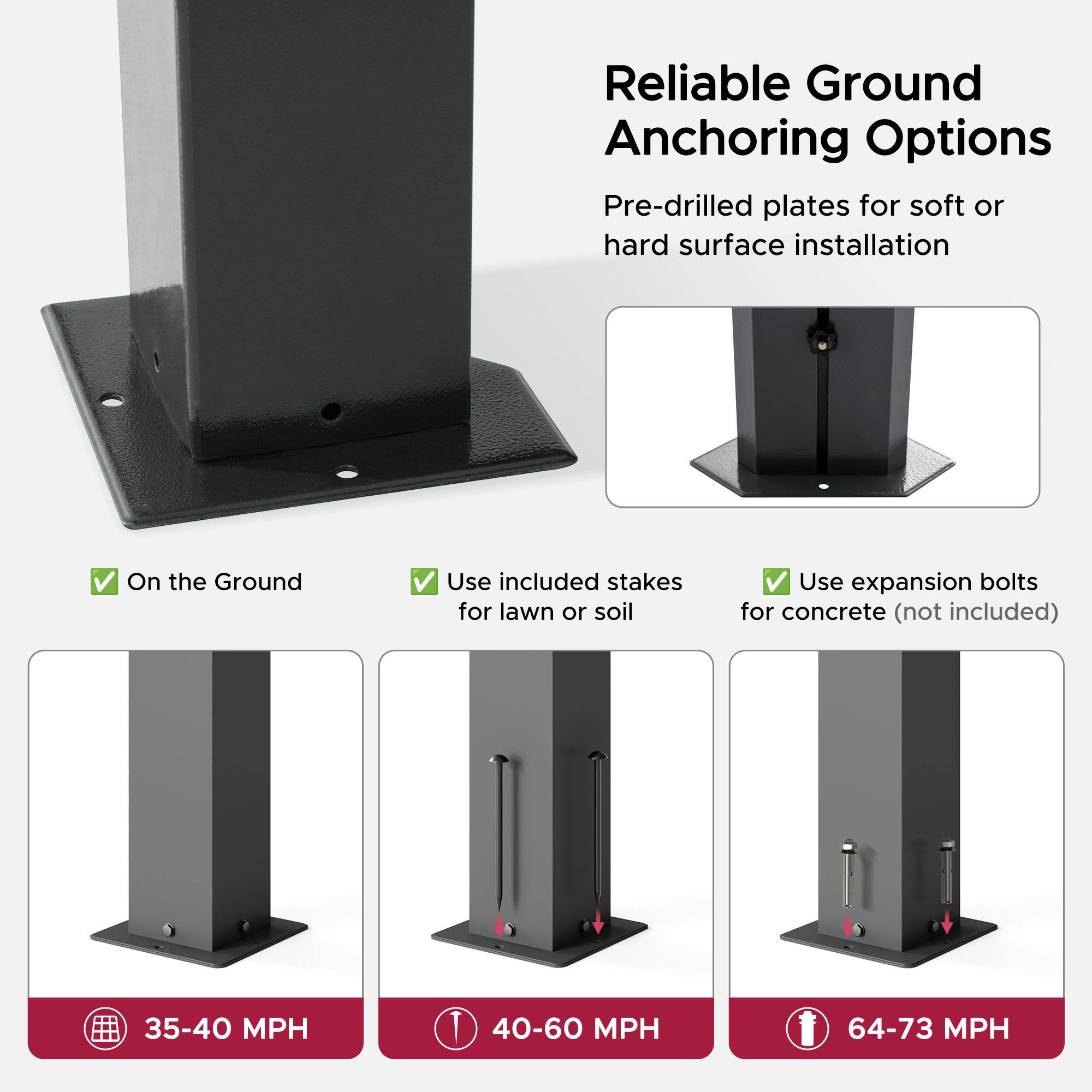 Reliable Ground Anchoring Options

Pre-drilled plates for soft or hard surface installation

- On the Ground
- Use included stakes for lawn or soil
- Use expansion bolts for concrete (not included)

35-40 MPH  
40-60 MPH  
64-73 MPH