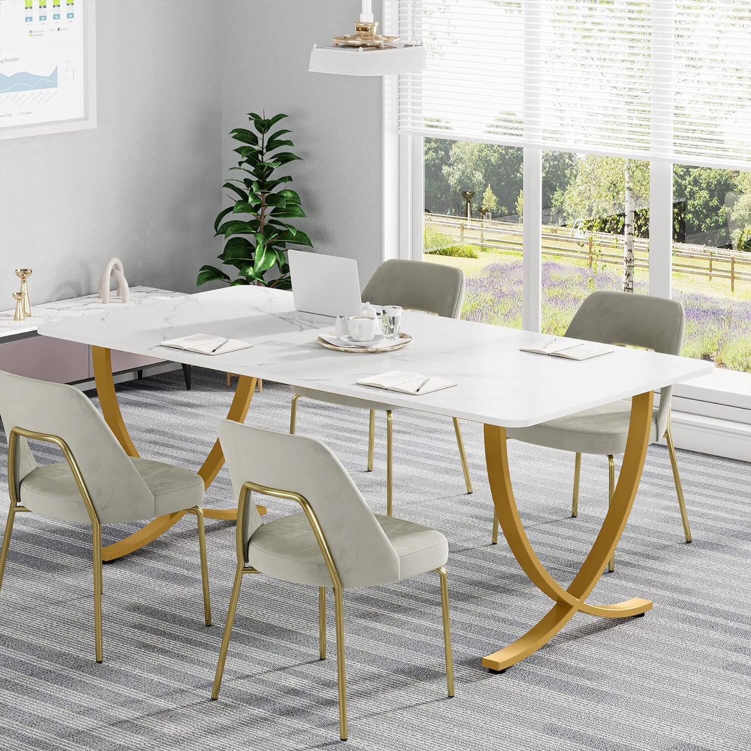 Alt View 1. APRILSOUL - 63in Executive Office Desk Modern White and Gold Computer Desk with Faux Marble Tabletop for Home Office or Meeting Room - White+Gold.