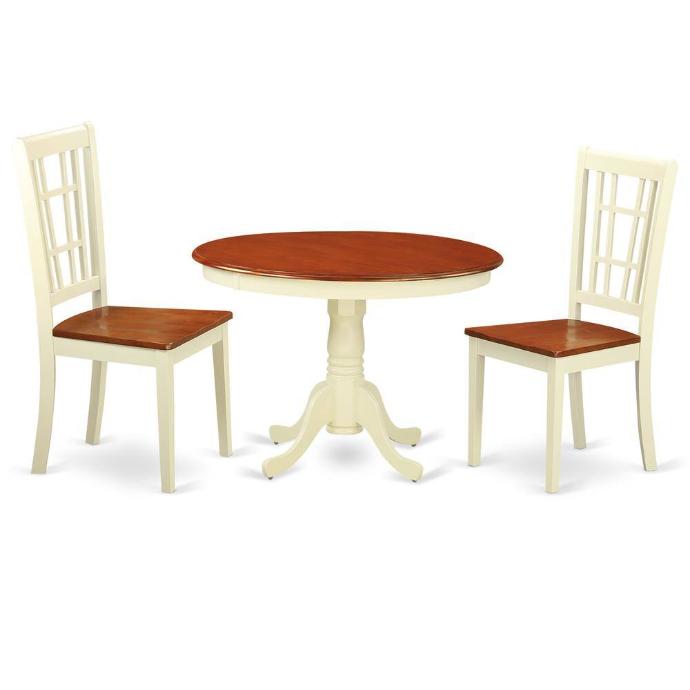 Left. East West Furniture - 3 Pc set with a Round Small Table and 2 Wood Dinette Chairs in Buttermilk and Cherry . - Buttermilk & Cherry.