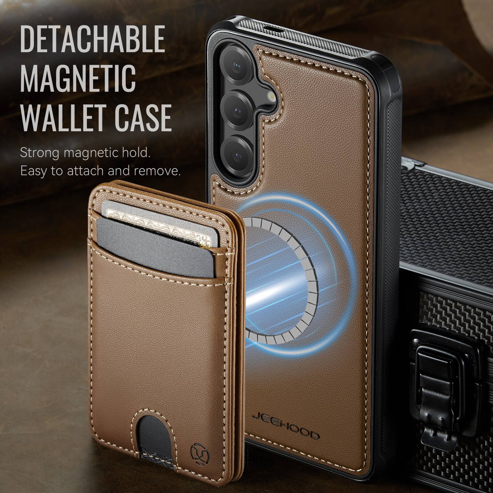 DETACHABLE MAGNETIC WALLET CASE

Strong magnetic hold.  
Easy to attach and remove.

JEEHOOD