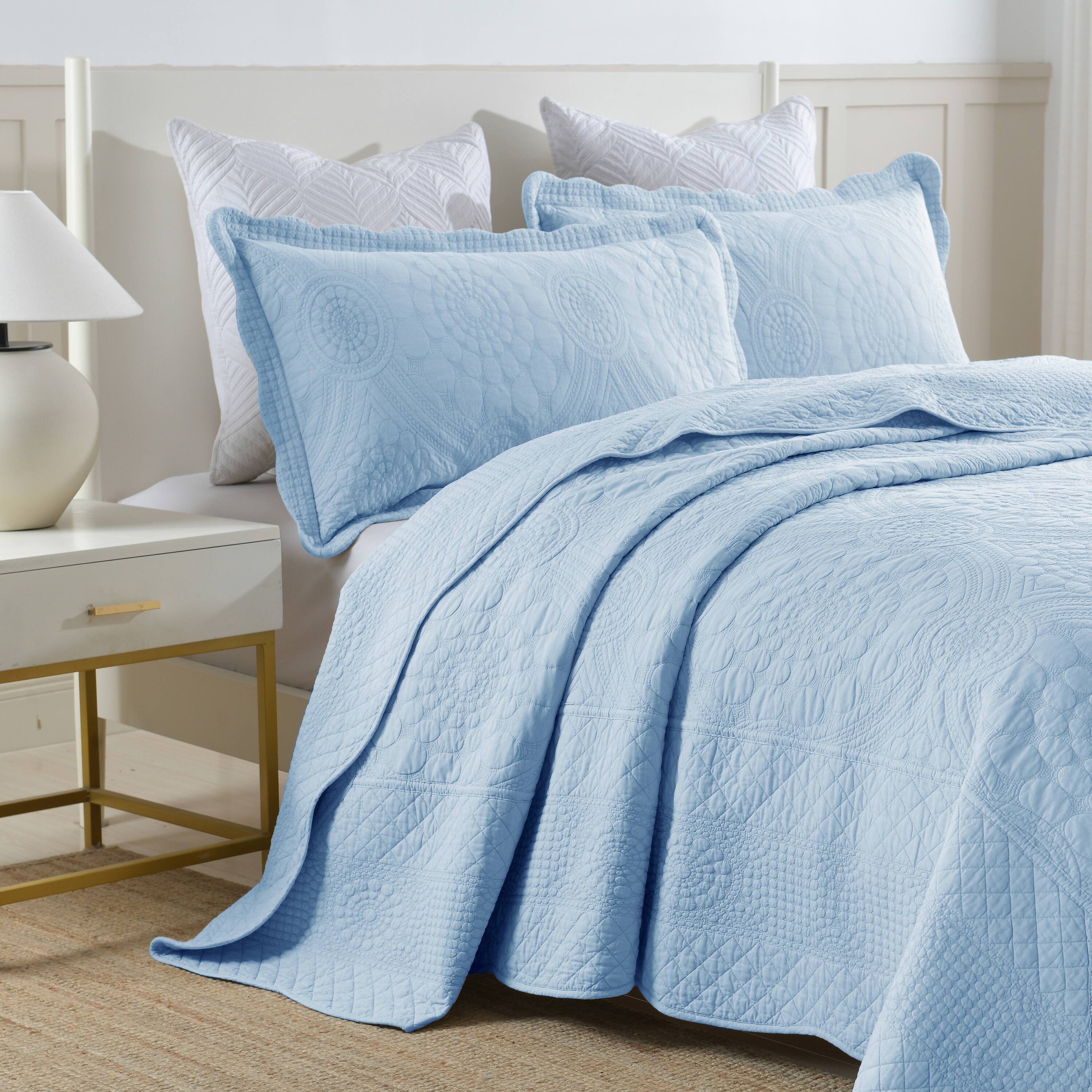 Left. MarCielo - Marcielo 3 Piece 100% Cotton Oversized Bedspread Lightweight Quilt Set - Light Blue.