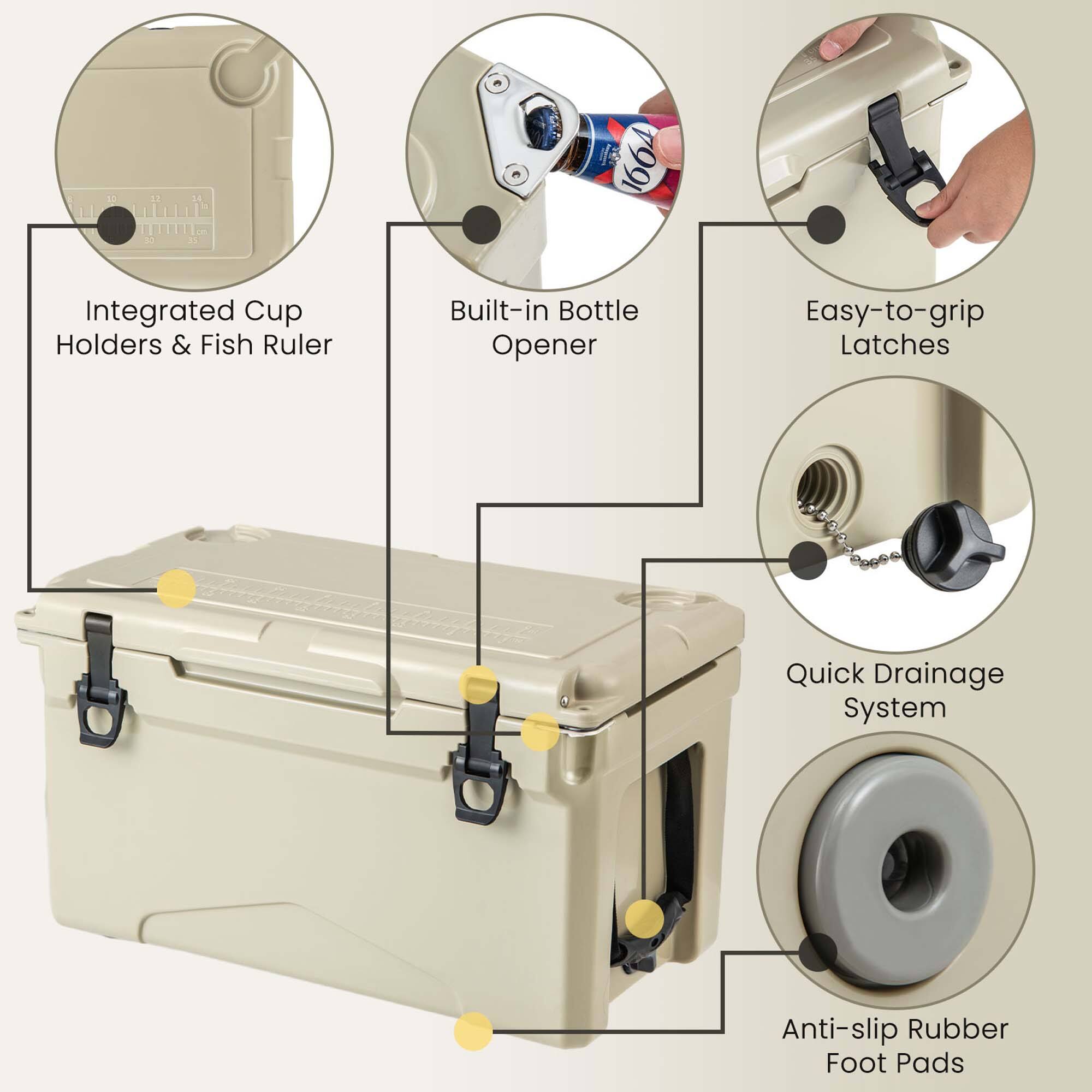1. 12 N 14 a1 1664 Integrated Cup Holders & Fish Ruler Built-in Bottle Opener Easy-to-grip Latches Quick Drainage System Anti-slip Rubber Foot Pads