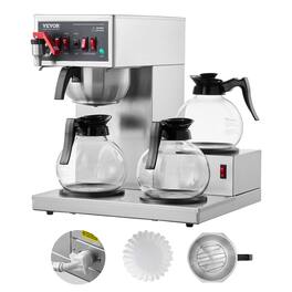 VEVOR - 12 Cups Commercial Drip Coffee Maker, Coffee Maker Machine with 3 Glass Carafes and 3 Warmer Plates, Stainless Steel - Silver