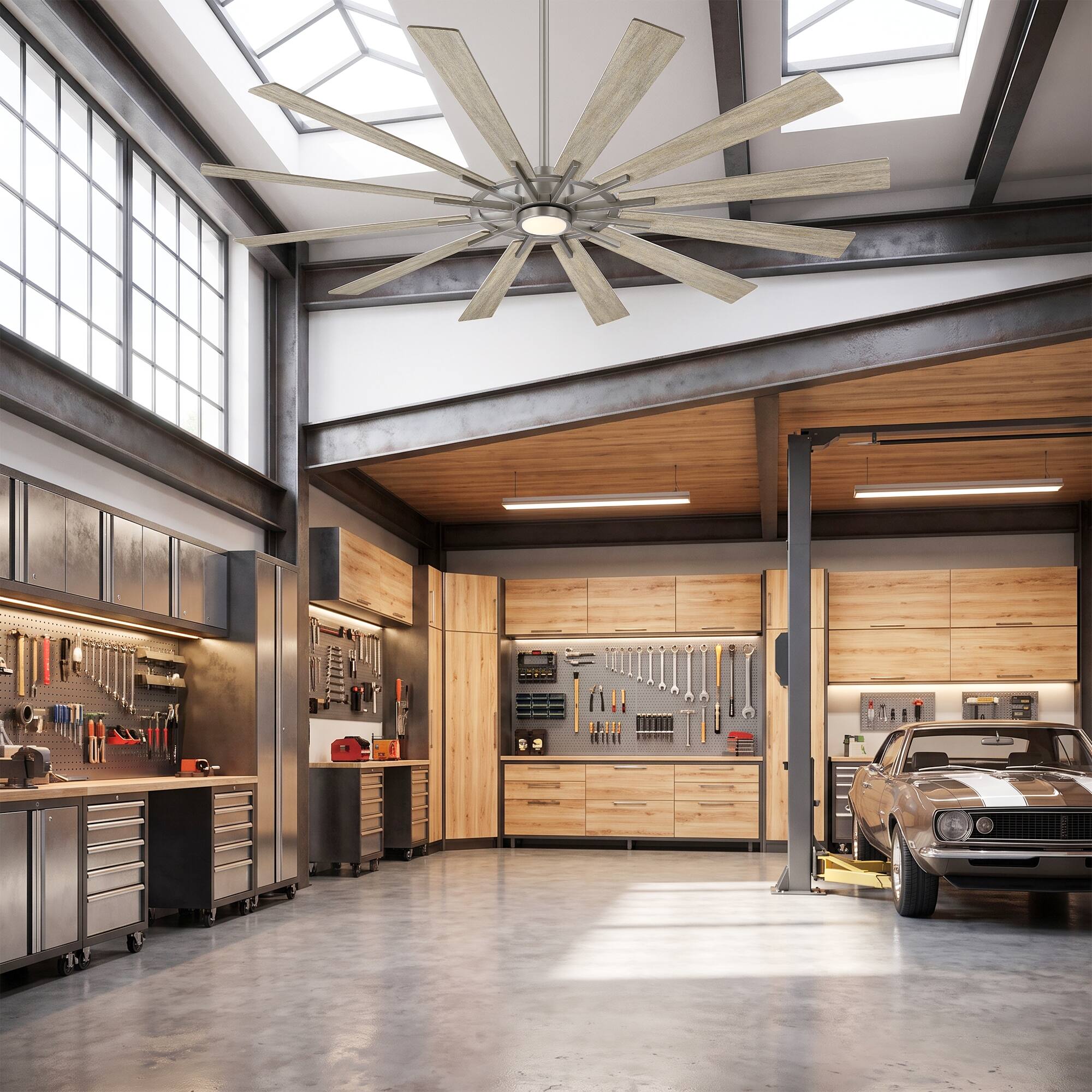Back. Parrot Uncle - 72" Large Farmhouse 12-Blade  Windmill Ceiling Fan with Dimmable LED Light and 6-Speed DC Motor Remote - Nickle.