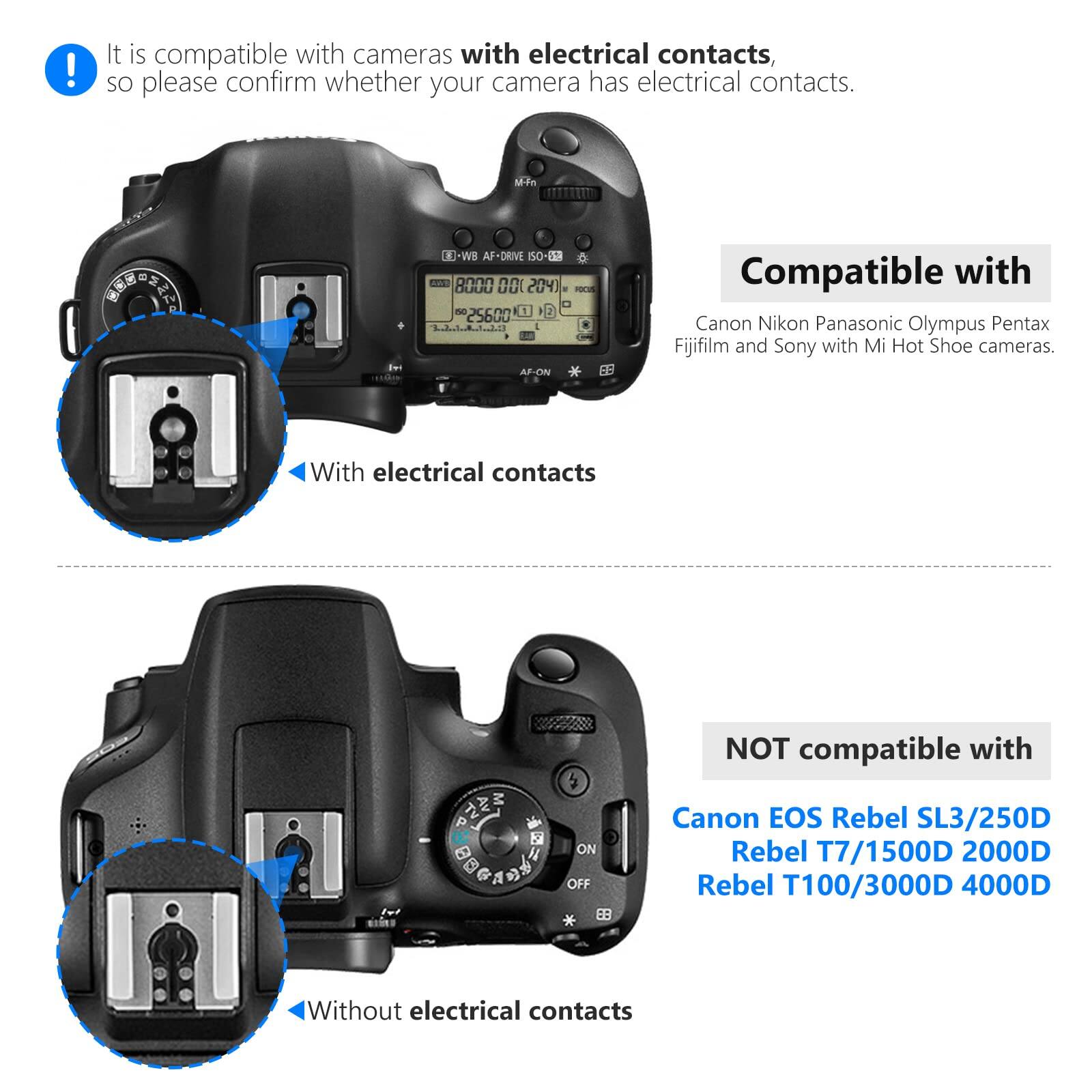 It is compatible with cameras with electrical contacts, so please confirm whether your camera has electrical contacts.

Compatible with:
- Canon
- Nikon
- Panasonic
- Olympus
- Pentax
- Fujifilm
- Sony with Mi Hot Shoe cameras

With electrical contacts

NOT compatible with:
- Canon EOS Rebel SL3/250D
- Rebel T7/1500D
- 2000D
- Rebel T100/3000D
- 4000D

Without electrical contacts