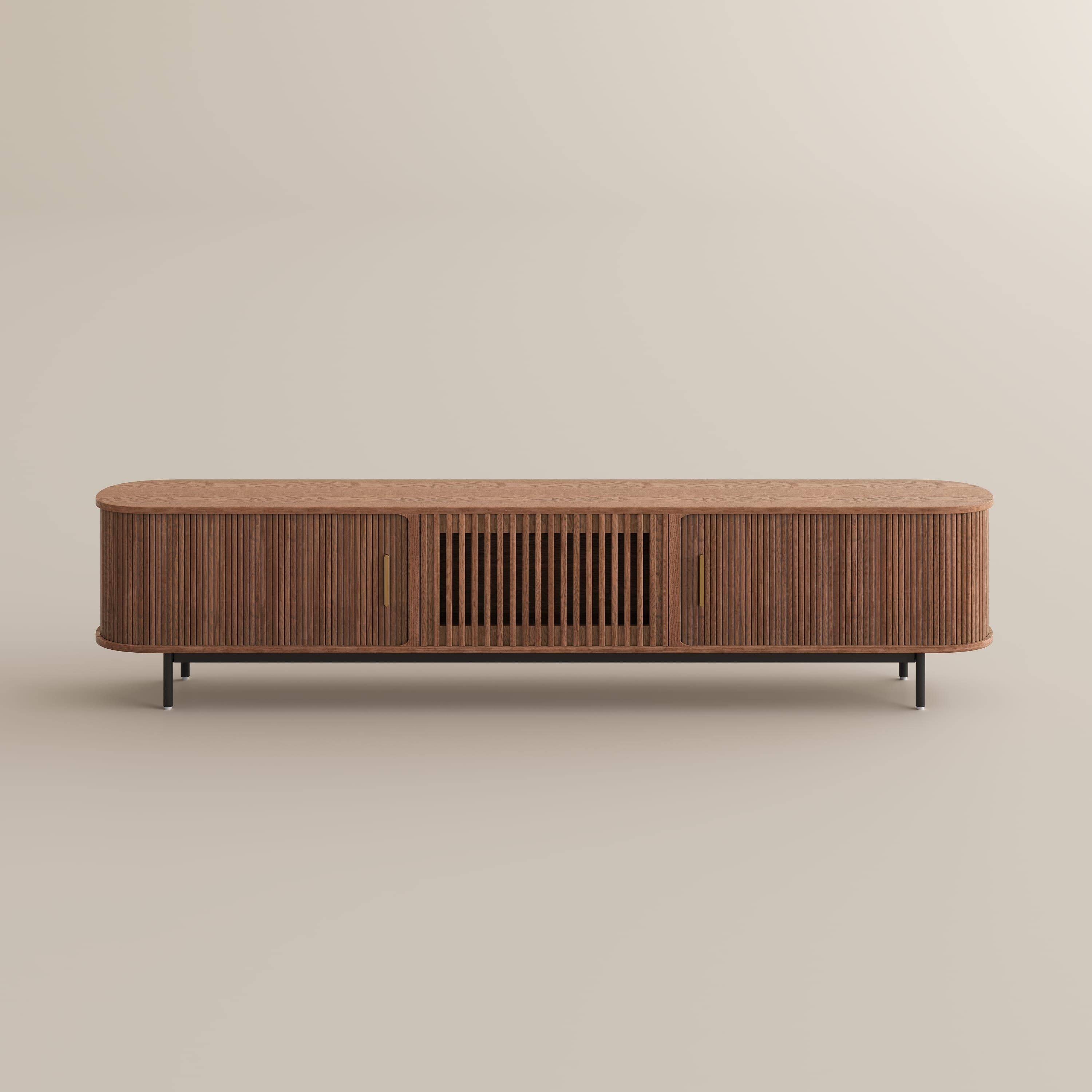 Alt View 7. POVISON - 94"Mid-Century Modern Tambour Door TV Stand ,Walnut - Walnut.