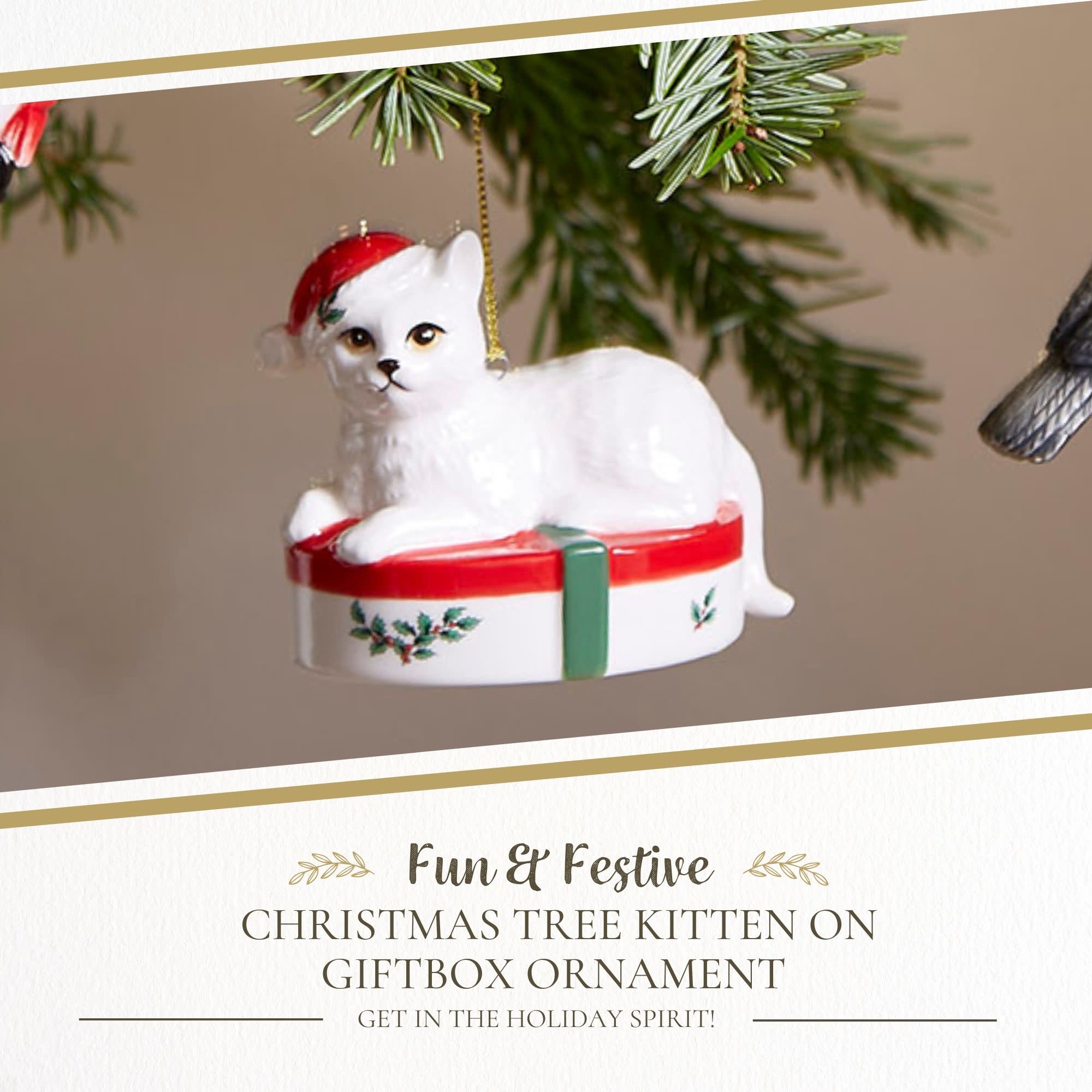 Fun & Festive CHRISTMAS TREE KITTEN ON GIFTBOX ORNAMENT GET IN THE HOLIDAY SPIRIT!